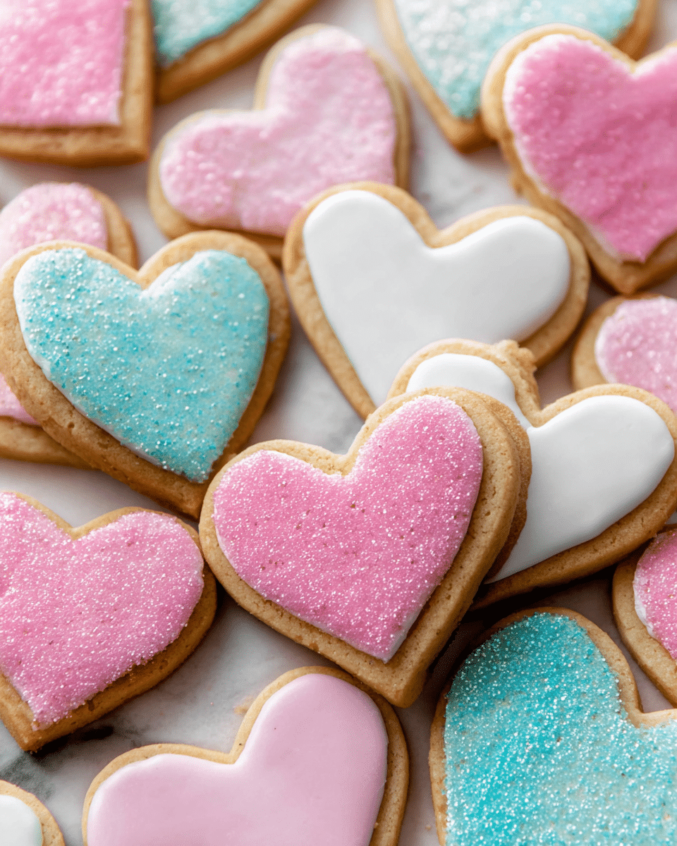A close-up of many heart-shaped sugar cookies stacked over a white marbled texture, each cookie has two layers: the base layer is a soft golden-brown baked dough, and the top layer is smooth icing in pastel colors of pink, white, and light blue. Some cookies have a smooth icing layer, while others are covered with coarse sparkling sugar crystals in matching pastel colors, adding texture and shine. The cookies are arranged randomly, overlapping each other, showing various sizes of hearts with clean edged icing covering most of the cookie surface, photo taken with an iphone --ar 4:5 --v 7
