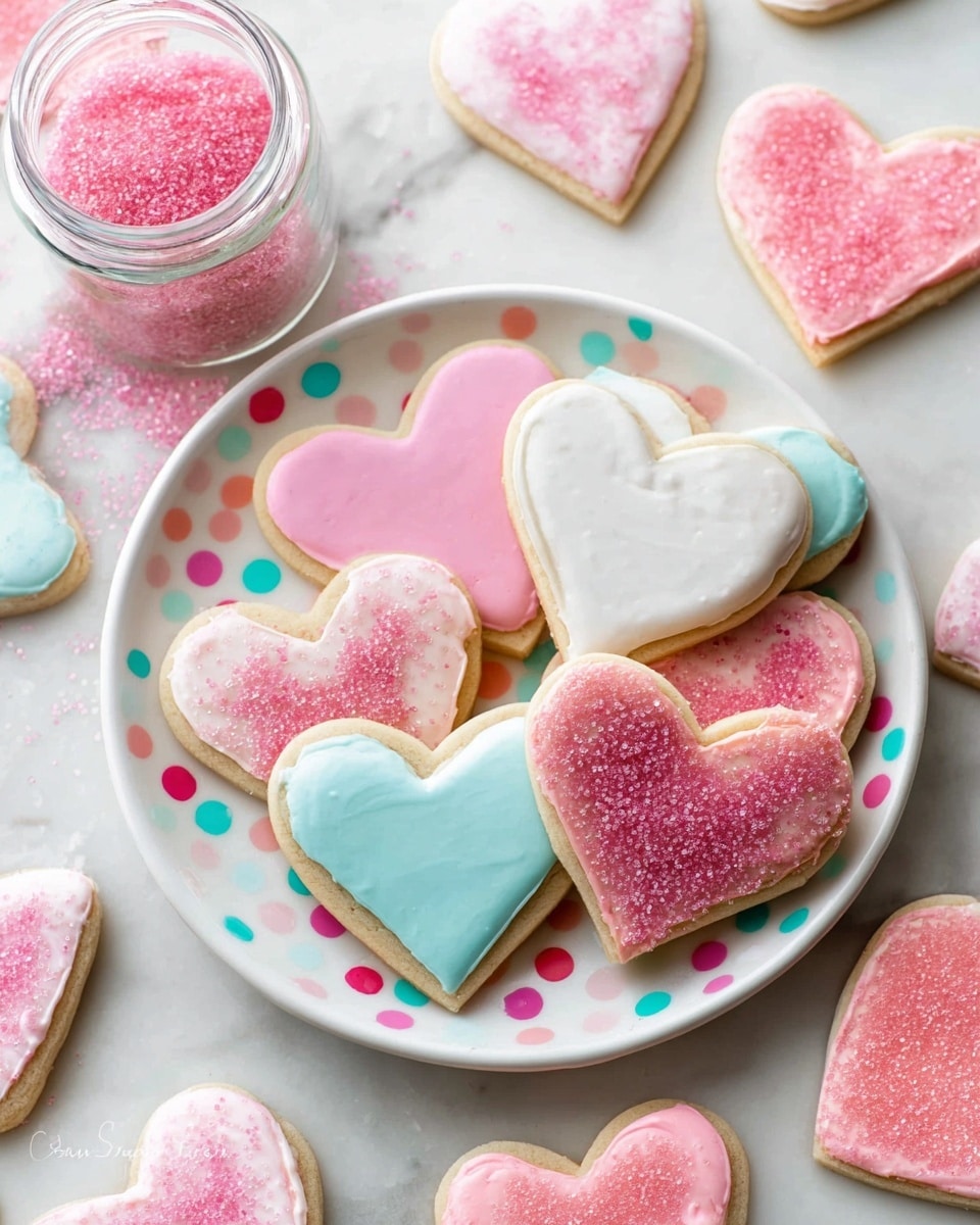 A group of heart-shaped sugar cookies is displayed on a white plate with colorful polka dots, placed on a white marbled surface. The cookies have one smooth thick layer of icing each in pink, white, and light blue colors. Some pink iced cookies are sprinkled with coarse pink sugar crystals, adding a textured sparkle to their surfaces. Scattered around are more cookies with smooth pink and white icing, some topped with the same pink crystals, and an open jar spilling pink sugar crystals nearby. The photo is bright, showing the soft and sweet details of the cookies clearly. photo taken with an iphone --ar 4:5 --v 7