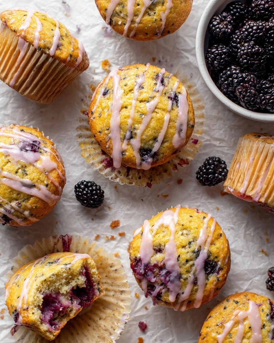 Several golden-yellow muffins with visible dark poppy seeds and embedded dark purple blackberries are spread on a white marbled surface covered with slightly crinkled white parchment paper. Each muffin is topped with a thin drizzle of light pink glaze, giving a shiny texture contrasting with the matte muffin tops. One muffin in the middle is partly peeled from its light brown paper liner, while another one near the bottom left has a large bite taken out, revealing a moist, crumbly interior filled with juicy blackberries. To the top right, a white bowl filled with shiny, fresh blackberries adds a dark contrast. Small crumbs and a few scattered blackberries add an informal and inviting touch. Photo taken with an iphone --ar 4:5 --v 7