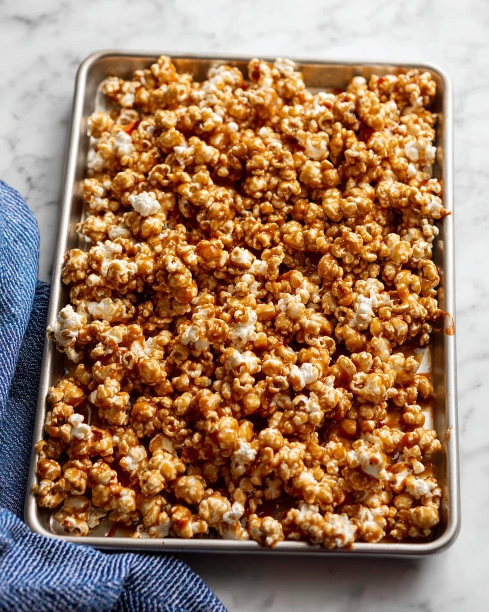 A silver baking tray filled with a single thick layer of caramel popcorn, each popcorn coated in a shiny, rich golden-brown caramel glaze, some pieces clustered together in small groups, showing a mix of glossy and textured surfaces. The tray is placed on a white marbled surface with a folded blue and white cloth peeking in from the bottom left corner. photo taken with an iphone --ar 4:5 --v 7