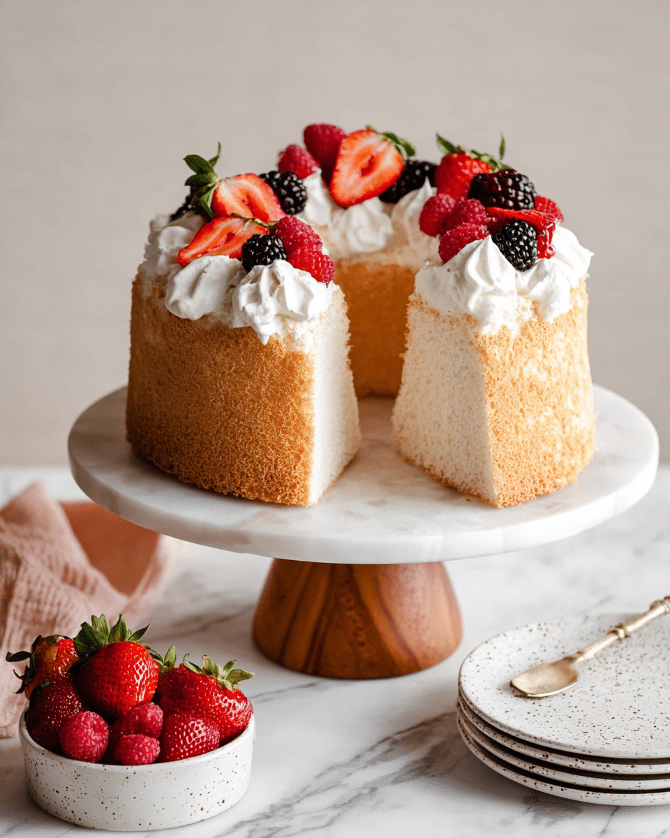 A tall, round angel food cake with a fluffy, light tan texture stands on a white marble cake stand with a wooden base; the cake has no frosting on the sides but is topped with a ring of white whipped cream dollops. Fresh berries, including whole and halved red strawberries, bright red raspberries, and dark blackberries, are placed neatly on top of the whipped cream, adding bright color and texture. A slice has been cut from the cake, showing its airy, pale interior. Next to the cake stand, there is a white marble surface with a small white dish filled with whole strawberries, and in the foreground, a stack of white plates with subtle black speckles rests on the same white marble texture. photo taken with an iphone --ar 4:5 --v 7