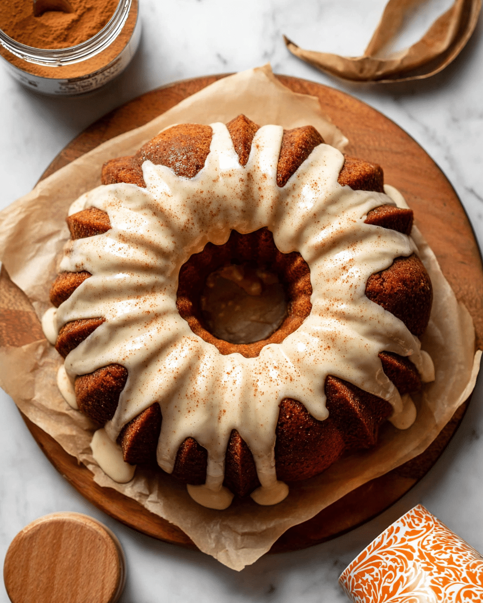 A single-layer bundt cake with a rich brown color rests on a piece of parchment paper atop a round wooden cutting board. The cake is topped with a creamy white glaze that drizzles unevenly down its curved ridges, creating soft flowing lines contrasting against the cake's texture. A light dusting of brown spices is sprinkled over the glaze, adding a subtle speckled effect. The setting includes a small open container of cinnamon spice with a wooden lid and a white marbled surface underneath the cutting board. Part of an orange and white patterned cup is visible in the corner. photo taken with an iphone --ar 4:5 --v 7