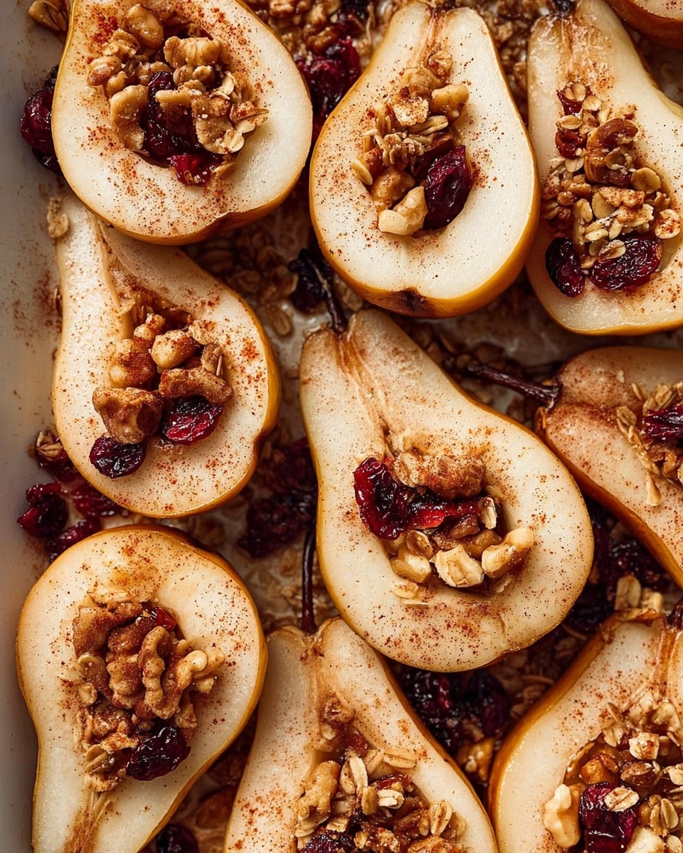 This image shows several pear halves arranged closely in a baking dish with a white marbled texture under them. Each pear half is hollowed in the middle, filled with a mixture of granola, chopped nuts, and dried cranberries, giving a mix of tan, brown, and dark red colors with a rough texture. The pear flesh is pale cream with light brown skins around the edges, and the entire dish is sprinkled with a fine layer of cinnamon powder, adding a warm reddish color over the pears and granola. The pear stems are still attached and visible in some halves, adding a natural dark brown element. photo taken with an iphone --ar 4:5 --v 7