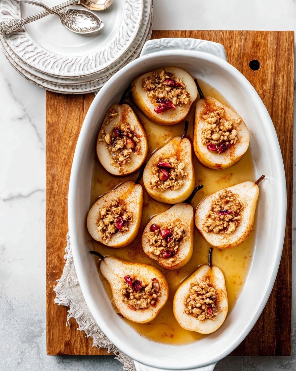 The image shows eight pear halves arranged in a white oval baking dish, placed on a wooden board over a white marbled surface. Each pear half has its core removed and is filled with a granola mixture that includes oats and small dried red berries. The pears are lightly dusted with cinnamon giving them a warm color contrast. A golden syrup or honey glaze coats the bottom of the dish, adding a glossy texture to the pears. To the side, there are stacked white plates and a small decorative white plate with a silver spoon resting on it. Photo taken with an iphone --ar 4:5 --v 7
