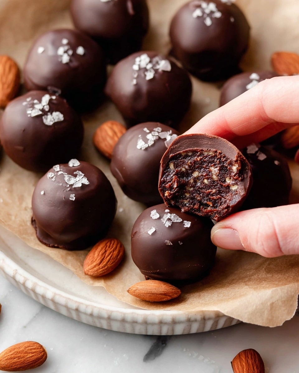 A close-up view of round chocolate truffles with a smooth, shiny dark brown chocolate coating, each topped with small flakes of sea salt. The truffles are placed on light brown parchment paper resting on a white plate with soft ridges on the edge. Among the truffles are whole brown almonds, adding contrast. One truffle is held by a woman's hand in the lower right corner, showing the inside with a dense, dark brown, textured filling speckled with small bits, indicating nuts or other ingredients. The background features a white marbled surface. photo taken with an iphone --ar 4:5 --v 7