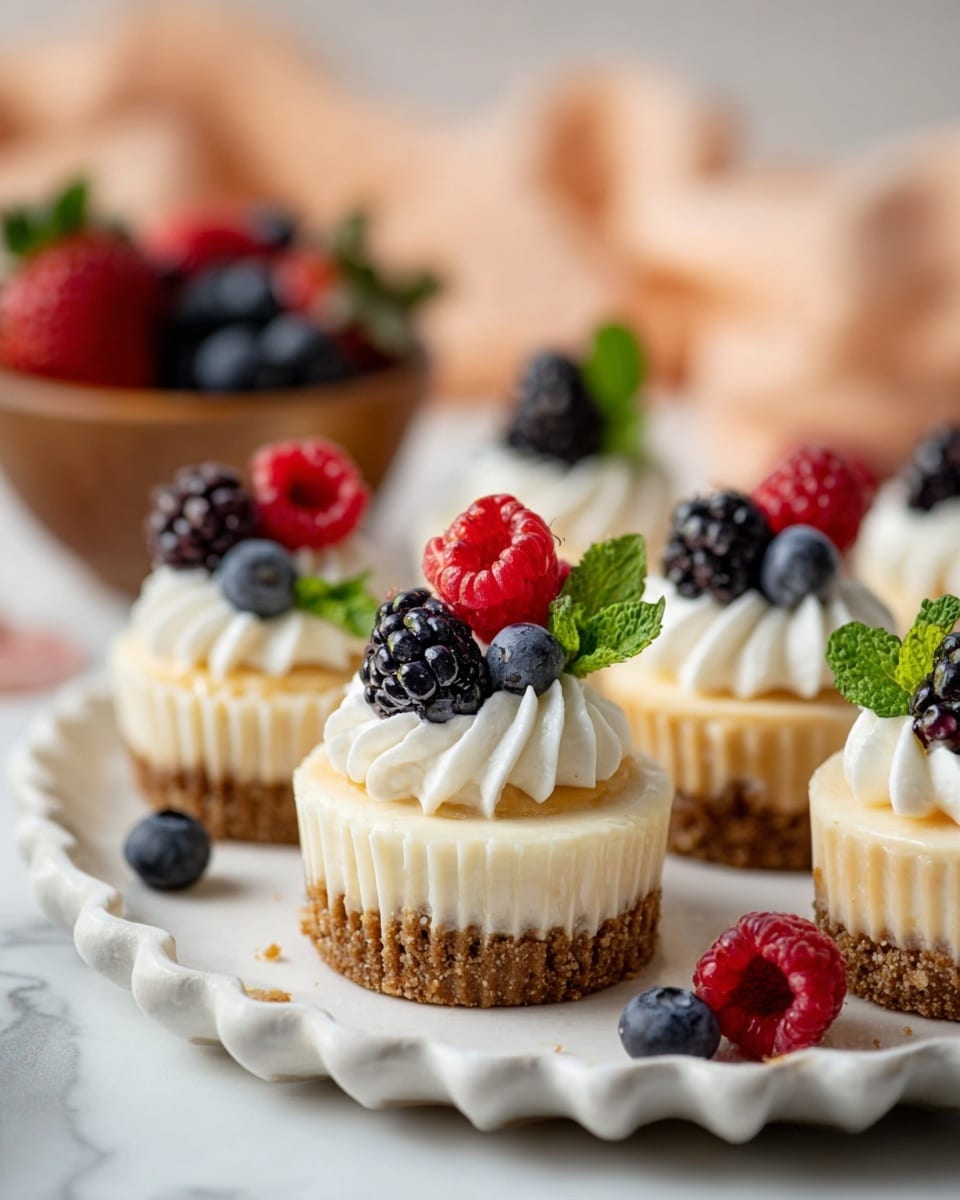 The image shows small cheesecake cupcakes arranged on a white plate with a scalloped edge over a white marbled surface. Each cupcake has two layers: a bottom light brown crumb crust and a top creamy, pale yellow cheesecake layer. On top, there is a swirl of smooth white whipped cream, decorated with different fresh berries like blackberries, blueberries, raspberries, and small green mint leaves. In the background, there is a blurred wooden bowl filled with more berries resting on a soft peach cloth. Photo taken with an iphone --ar 4:5 --v 7