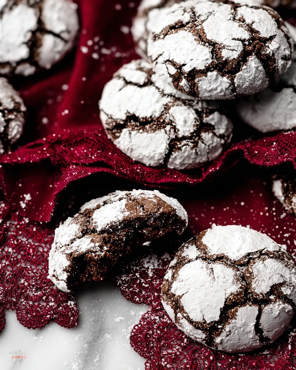 The image shows several round chocolate crinkle cookies scattered on a deep red cloth with a lace edge, placed on a white marbled surface. Each cookie has a dark, rich brown base that is soft and cracked, covered by a cracked layer of bright white powdered sugar that contrasts with the dark cookie underneath. Some cookies are whole while others are broken to show a moist and dense inner texture. Photo taken with an iphone --ar 4:5 --v 7