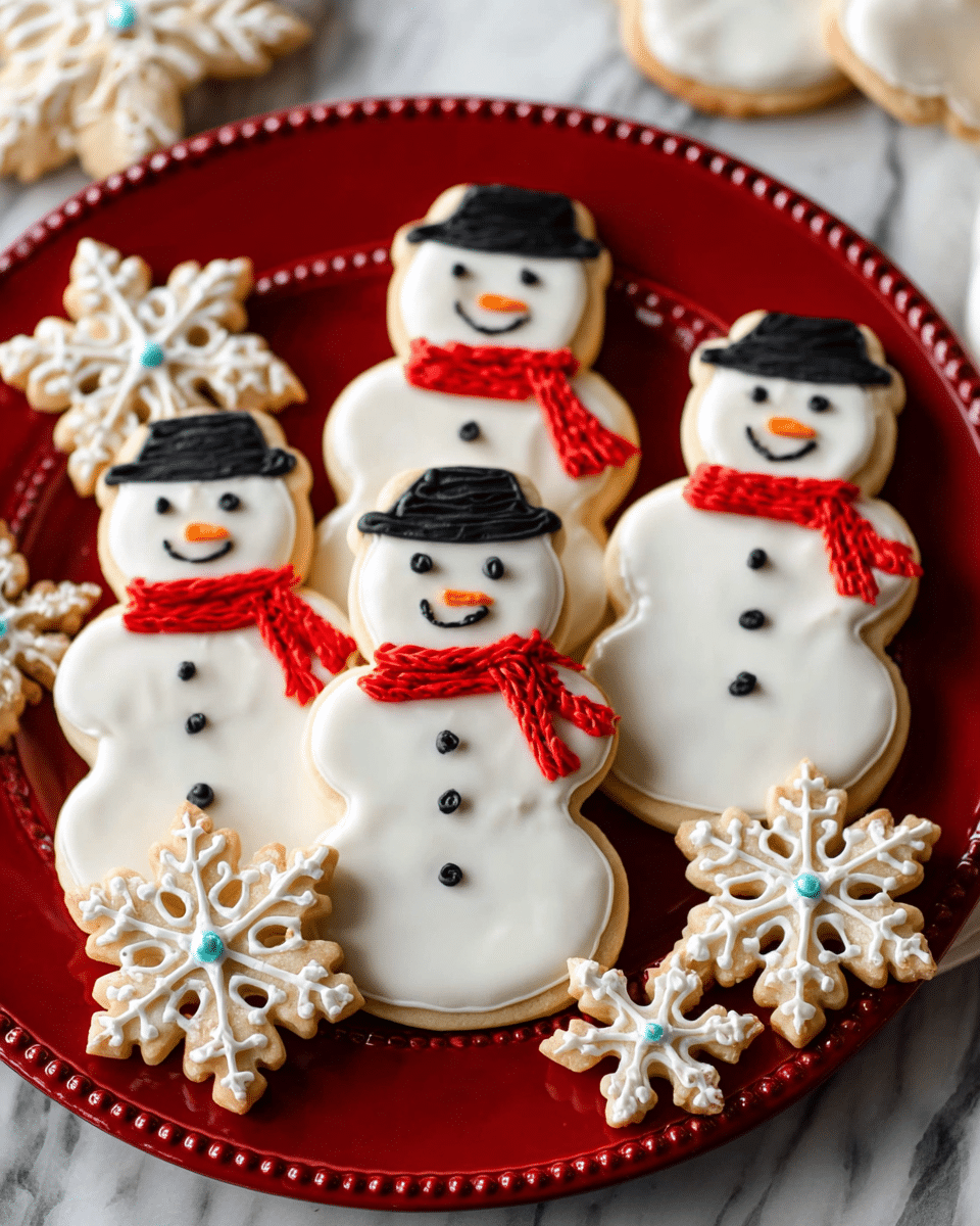 The image shows five snowman-shaped cookies on a round red plate with decorative edges, placed on a white marbled background. Each snowman cookie has two large white icing layers shaped as the body in a smooth texture. They have small black icing dots for eyes, buttons, and mouth, with a small orange icing nose. Each snowman wears a black icing hat on top and a bright red scarf around the neck, detailed with texture to look like fabric. Around the plate, there are snowflake-shaped cookies decorated with white icing, featuring intricate designs and small blue candy at the center. Photo taken with an iphone --ar 4:5 --v 7