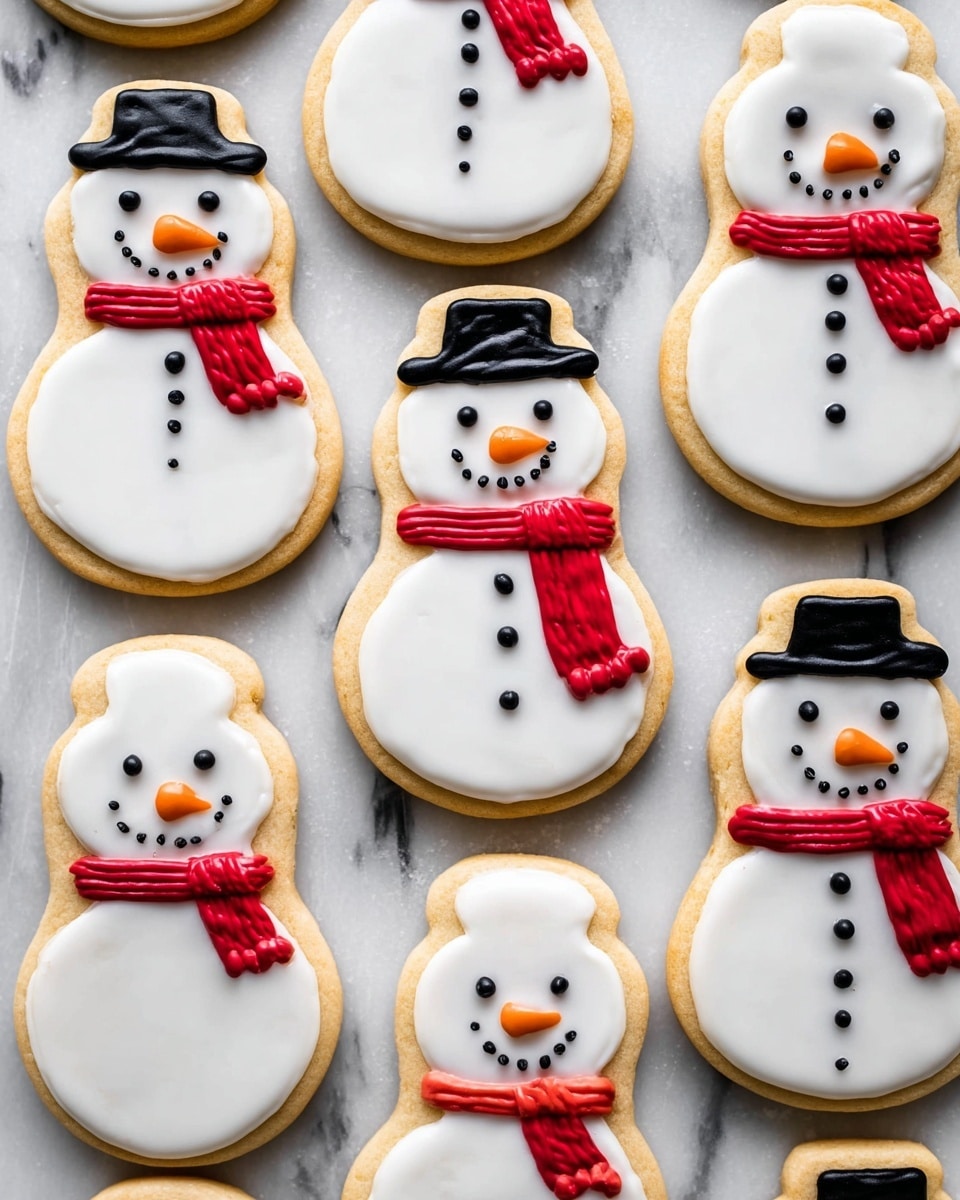 The image shows several snowman-shaped sugar cookies arranged on a white marbled texture. Each cookie has three layers: a light golden brown cookie base, a smooth white icing layer covering the entire snowman shape, and detailed decorations on top. The decorations include small black dots for eyes, mouth, and buttons, an orange carrot-shaped nose, a black hat on top of the head, and a bright red scarf wrapped around the neck area. Some cookies lack the detailed decorations and only have the white icing with two black dots for buttons. The cookies are spaced evenly in a casual pattern. photo taken with an iphone --ar 4:5 --v 7