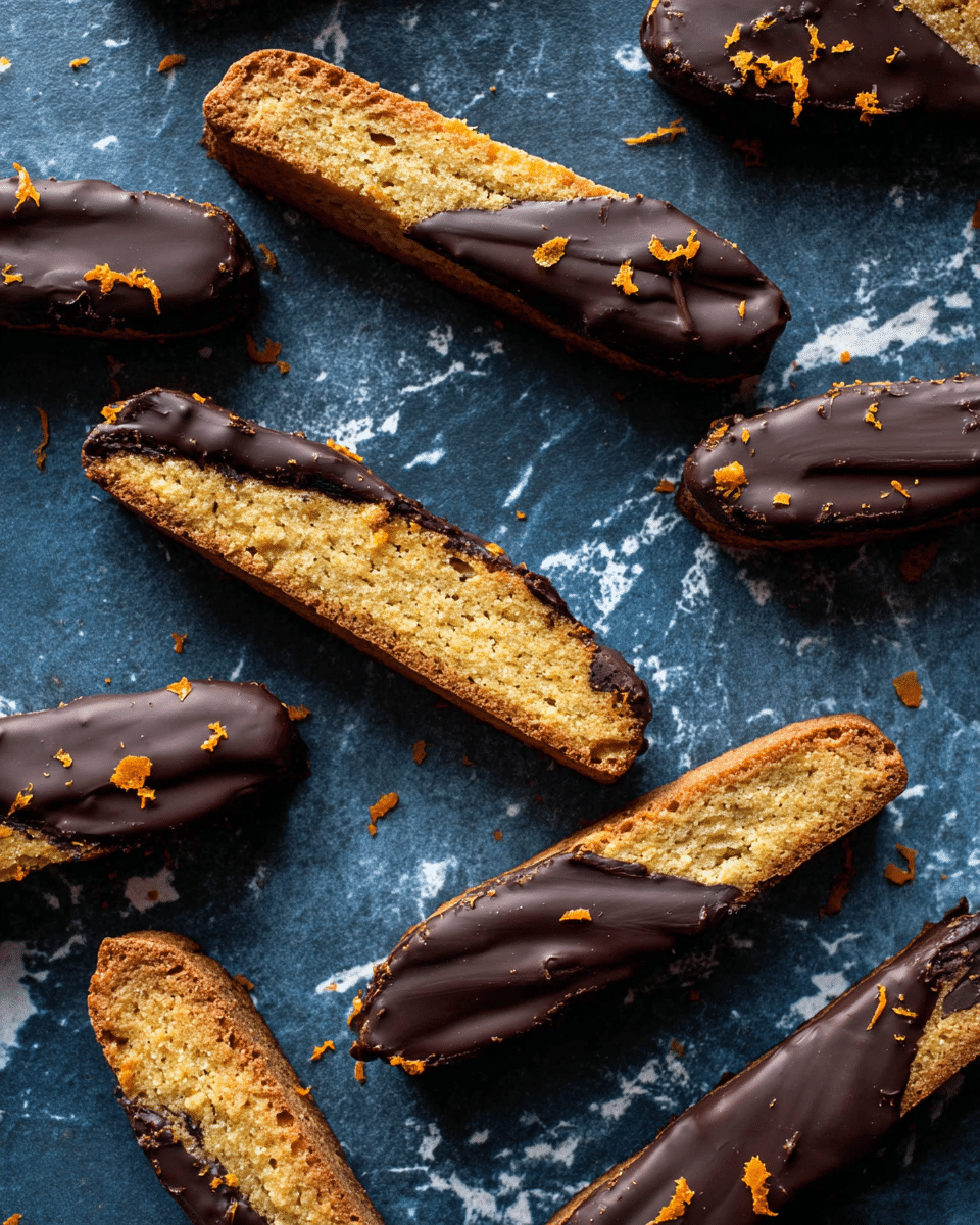 Several biscotti are scattered on a dark blue textured surface replaced by a white marbled texture, each showing two layers: a golden brown baked cookie base that looks crunchy and slightly rough in texture, and a thick outer layer of dark chocolate coating that covers half or more of each biscotti's length, shiny and smooth with small orange zest bits sprinkled on top. The biscotti vary in shape, some long and rectangular, others with curved edges. photo taken with an iphone --ar 4:5 --v 7