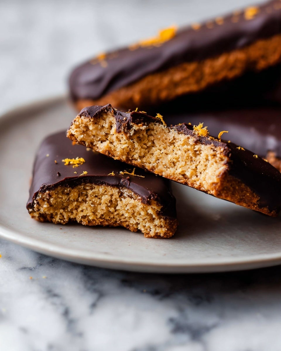 The image shows a close-up of a cookie bar with two clear layers: the bottom layer is a thick, crumbly golden brown oat base with a slightly grainy texture, and the top layer is a smooth, dark brown chocolate coating that covers the cookie partially unevenly, with a few small bits of orange zest sprinkled on top. One cookie bar is whole, while another is broken to reveal the oat texture inside. These bars are placed on a white plate with a smooth surface, sitting on a white marbled texture background. Photo taken with an iphone --ar 4:5 --v 7