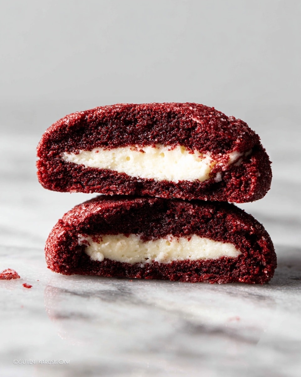 Two halves of a rich, dark red velvet cookie with a soft, crumbly texture are stacked on a white marbled surface. Each cookie half has two layers: the outer layer is deep reddish-brown with a slightly grainy surface, and the inside layer is creamy white, smooth, and filling the center. The cookie halves are positioned to show the cross-section clearly, highlighting the contrast between the dark cookie and the light filling. Photo taken with an iphone --ar 4:5 --v 7