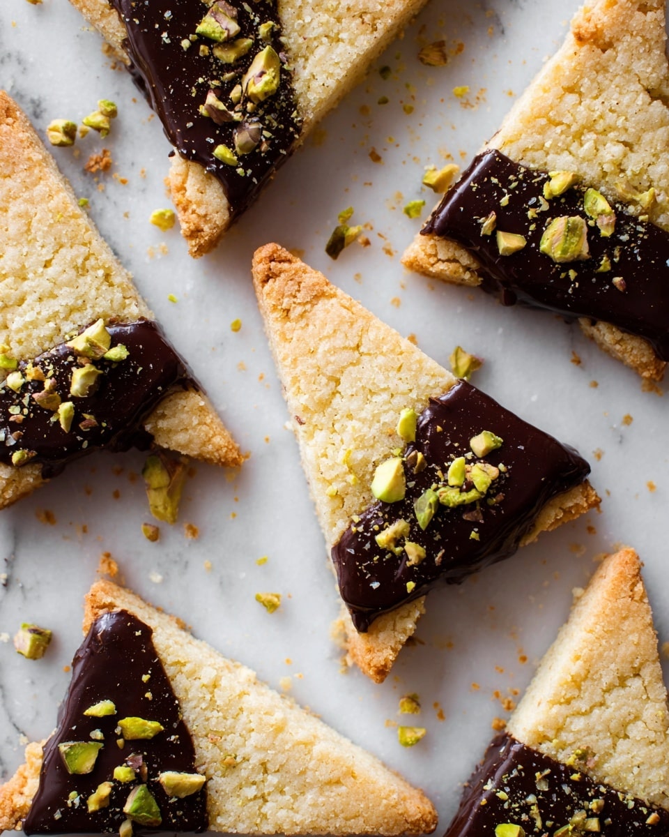 This image shows several triangular shortbread cookies arranged on a white marbled surface with crumbs scattered around. Each cookie has two layers: a base layer of light golden brown, crumbly shortbread with a slightly grainy texture, and one corner dipped in smooth, glossy dark chocolate. The chocolate layer is rich and dark, covering about one third of each cookie, and is topped with small, light green chopped pistachios that add a bit of crunch and color contrast. The overall look is rustic yet elegant, with an inviting mix of textures and colors. photo taken with an iphone --ar 4:5 --v 7