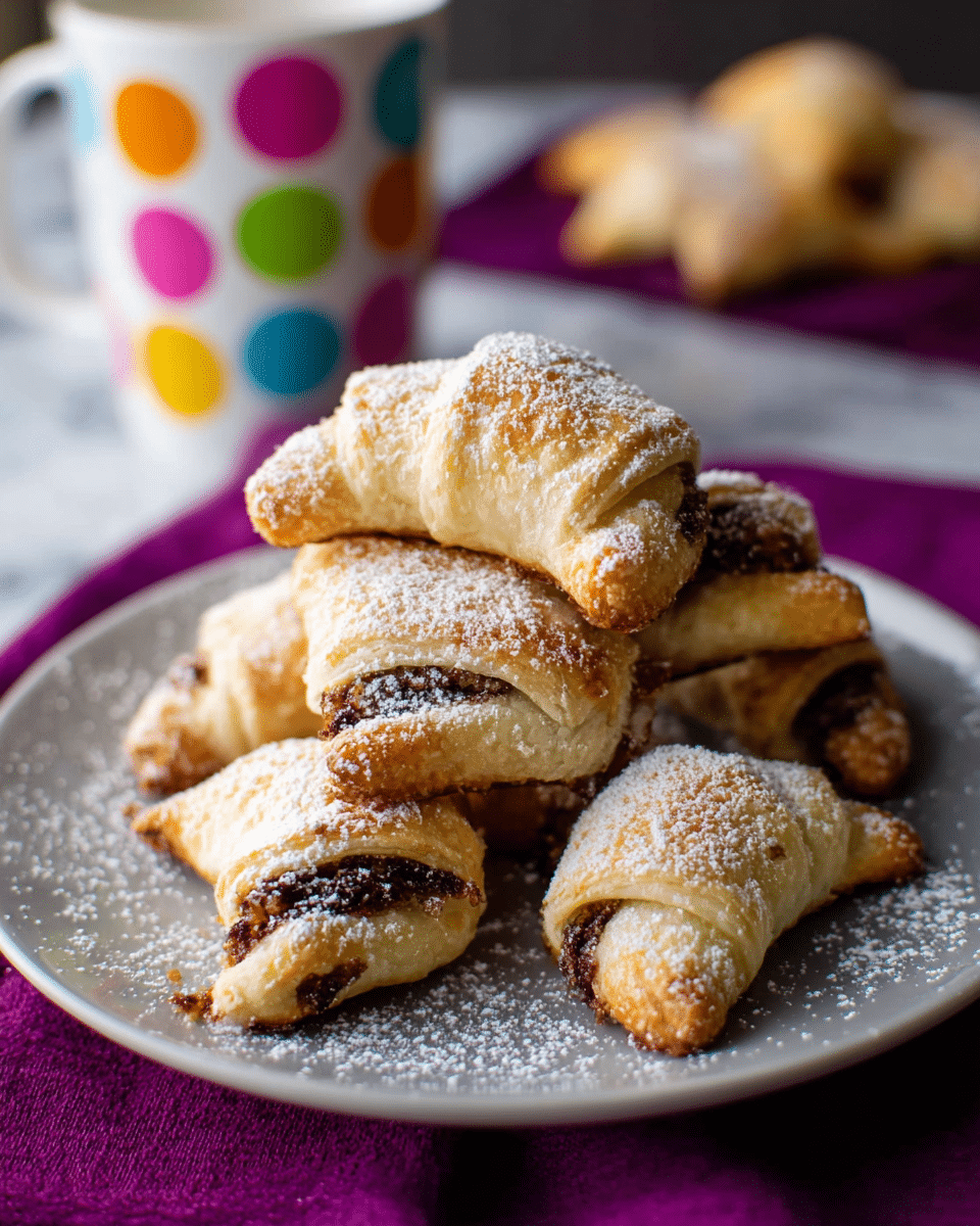 A pile of golden brown crescent-shaped pastries with a visible dark filling is stacked on a white plate. The pastries have a light flaky texture with powdered sugar dusted over them and on the plate. The plate sits on a white marbled surface. In the background, there is a mug with colorful polka dots and a blurred purple cloth underneath with more pastries faintly visible. The scene is warmly lit, highlighting the crisp layers of the pastries. photo taken with an iphone --ar 4:5 --v 7
