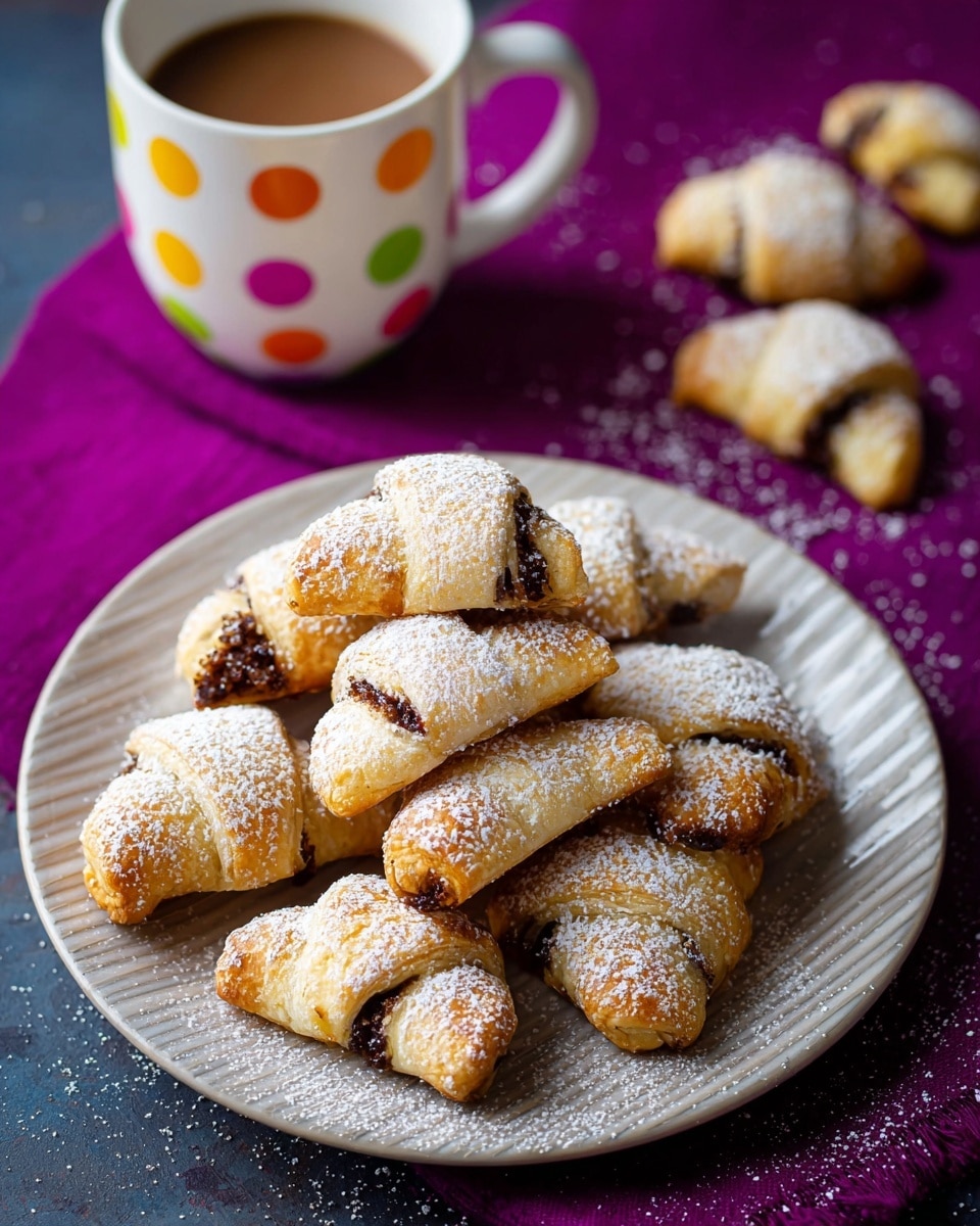 A cluster of small crescent-shaped pastries dusted with white powdered sugar sits piled on a round white plate with a textured surface. Each pastry is golden brown with a visible dark brown filling inside the flaky layers, slightly spilling out at the edges. The plate rests on a white marbled surface sprinkled lightly with powdered sugar. In the background, a white mug with colorful polka dots holds a brown liquid, sitting on a deep purple cloth, with another pastry lying beside the mug. photo taken with an iphone --ar 4:5 --v 7