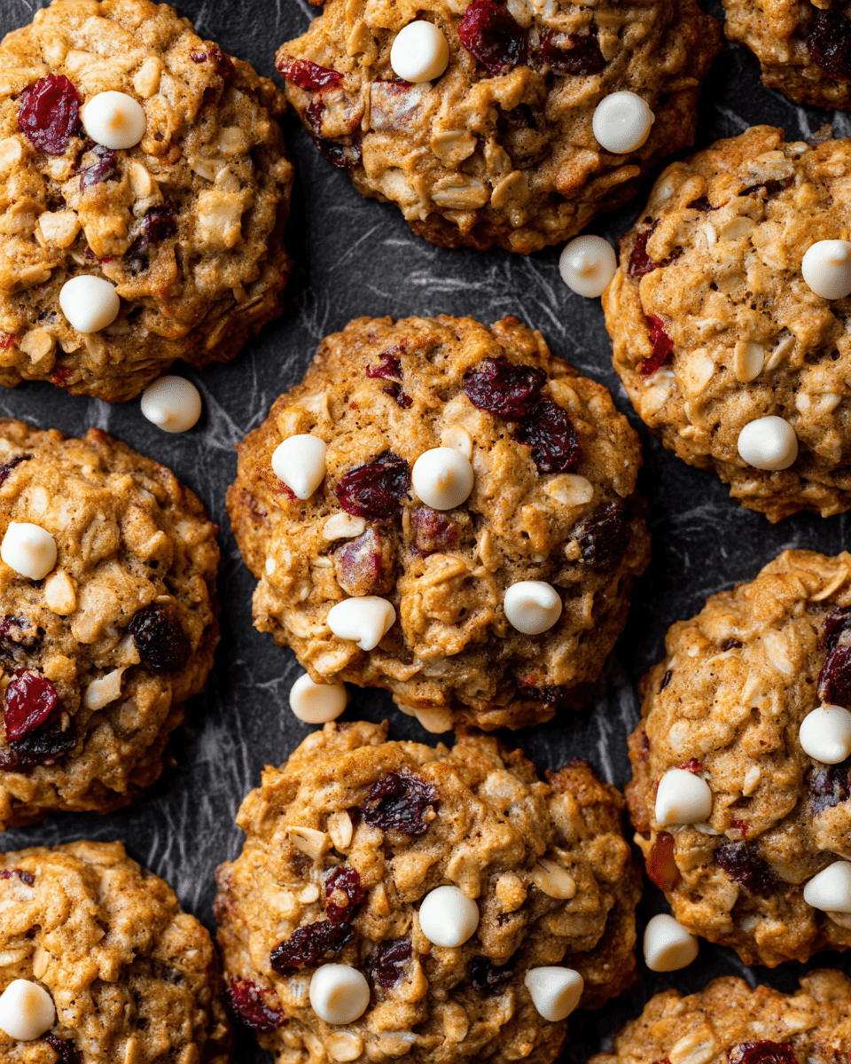 A close-up top view of several oatmeal cookies spread on a dark surface replaced with a white marbled texture, each cookie showing a rough, chunky texture with oats, bits of coconut, and pieces of dried cranberry. The cookies are golden brown with uneven edges and scattered white chocolate chips embedded on top, adding small white glossy dots. The cookies are packed close together, filling the frame with a warm, rustic feel. photo taken with an iphone --ar 4:5 --v 7