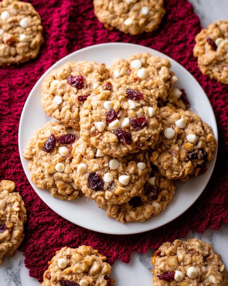 A white plate filled with golden brown oatmeal cookies that have a rough, chunky texture and are dotted with white chocolate chips and dark red dried cranberries, showing a mix of uneven shapes and small layers of oats and nuts. The cookies sit closely together in the center of the plate, while a few more cookies lie scattered in the background on a deep red cloth with a knit edge. The scene is set against a white marbled surface, giving a clean and bright contrast to the warm colors of the cookies and cloth. photo taken with an iphone --ar 4:5 --v 7
