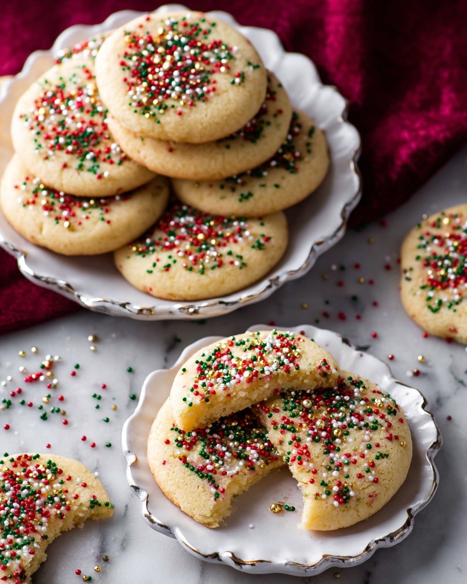 A group of round, light golden cookies with a soft, slightly crumbly texture are topped with small, round sprinkles in red, green, white, and a few gold pieces evenly spread across the surface. The cookies are displayed on two stacked white plates with curvy edges, showing one cookie broken in half on top to reveal the inside. Loose sprinkles are scattered on the white marbled surface around the plates, and a dark red cloth adds contrast underneath the plates at the top. Photo taken with an iphone --ar 4:5 --v 7