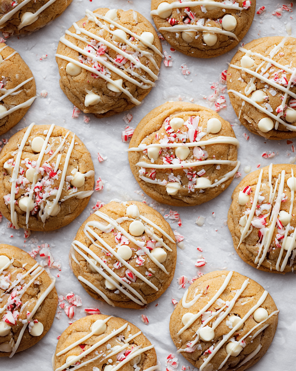 The image shows many round cookies arranged close together on a white marbled surface covered with white parchment paper. Each cookie has a golden-brown base with a soft, slightly cracked texture. On top, there are white chocolate chips scattered evenly, along with small pieces of red and white crushed candy and peppermint bits inside the cookie. Thin lines of white chocolate drizzle cross over the cookies in a crisscross pattern, adding more texture and a creamy white layer on top. Bits of crushed peppermint are also scattered around the cookies on the parchment paper. photo taken with an iphone --ar 4:5 --v 7