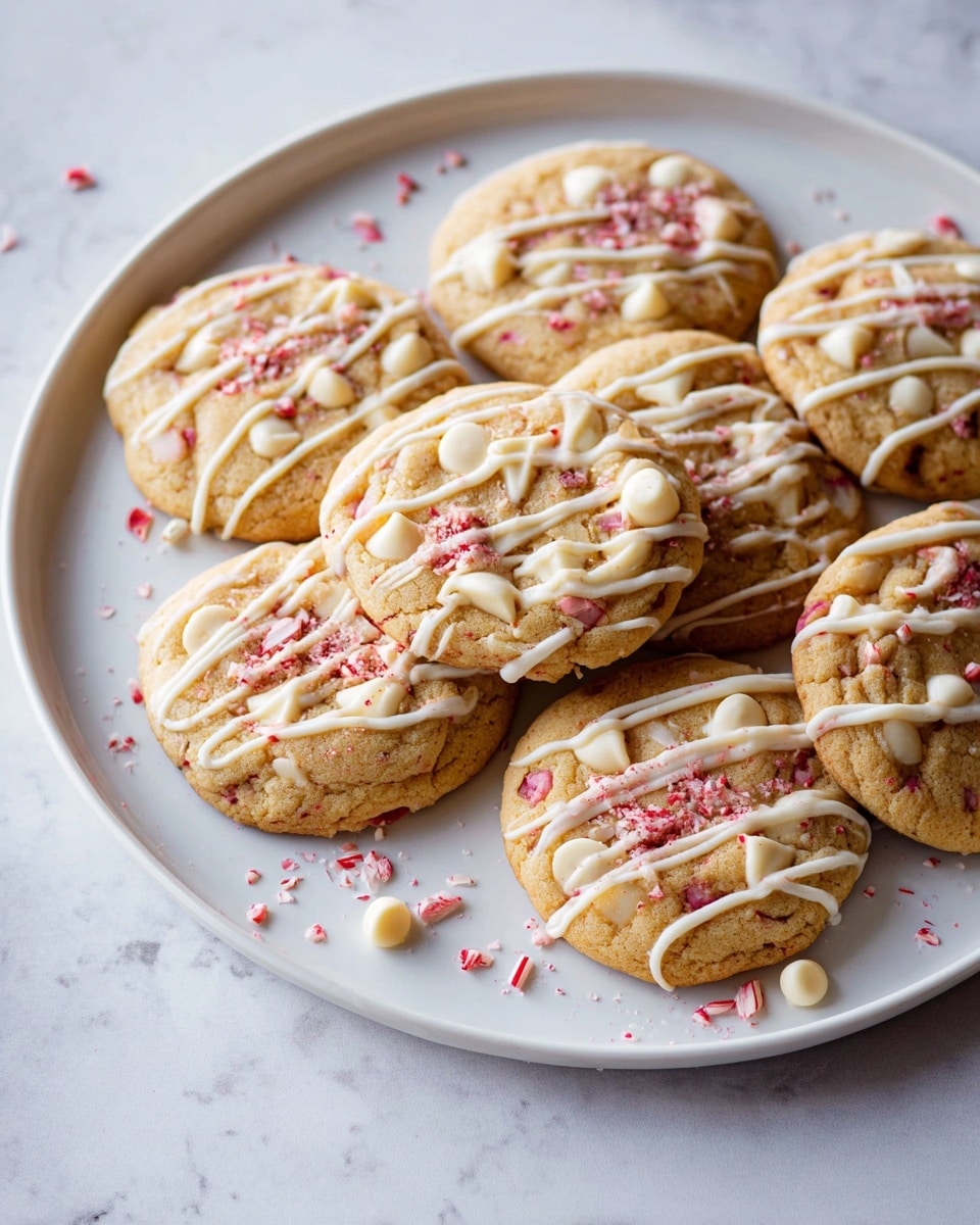 Seven round cookies sit close together on a large white plate, all with a light golden brown base mixed with small red bits inside. Each cookie has a layer of white chocolate chips and red candy pieces on top, with thin, uneven lines of white icing drizzled across in a crisscross pattern. The cookies have a soft, slightly cracked texture, and small pieces of crushed red candy are scattered around the plate. The plate rests on a white marbled surface. photo taken with an iphone --ar 4:5 --v 7