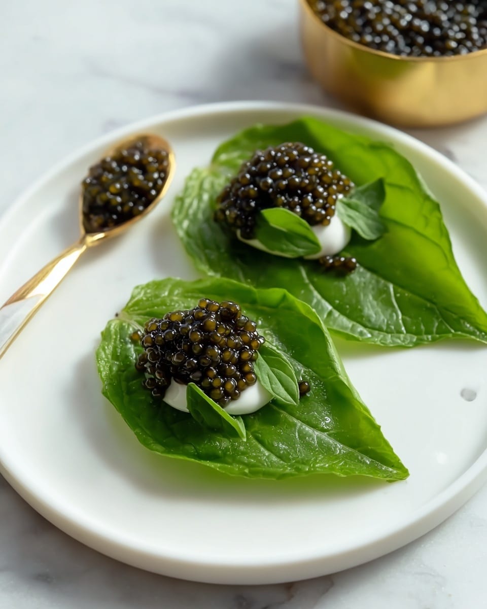 The dish shows two green leaves as the base, each leaf smooth and glossy, placed side by side on a white plate. On each leaf, there is a small dollop of creamy white sauce in the center, topped with a pile of shiny black caviar beads that glisten under the light. Each serving is finished with a single, smaller green leaf placed on top of the caviar. A mother of pearl spoon with some black caviar rests on the edge of the plate, and a golden bowl with more black caviar is partly visible to the side. The plate sits on a white marbled surface. photo taken with an iphone --ar 4:5 --v 7