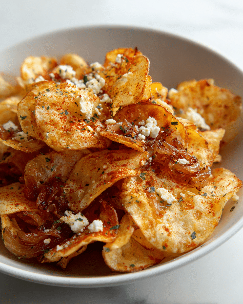 A white bowl filled with one main layer of golden brown potato chips that have a light crisp texture, sprinkled with red paprika seasoning and small bits of chopped green herbs. Scattered across the chips are small white crumbly pieces of cheese, adding a soft texture contrast. There are also small pieces of caramelized onions offering a darker brown color and glossy shine on top of the chips. The bowl sits on a white marbled surface with soft natural light enhancing the textures and colors. photo taken with an iphone --ar 4:5 --v 7