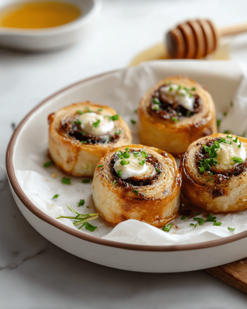 Four small spiral-shaped pastries sit on white parchment paper inside a shallow white bowl with a brown rim. Each pastry has a light golden, flaky outer layer and a dark, glossy filling swirled inside, topped with a small dollop of creamy white sauce and sprinkled with finely chopped green herbs. In the softly blurred background, a honey dipper rests in a shallow white dish with a small amount of golden honey. The scene is set on a white marbled surface. photo taken with an iphone --ar 4:5 --v 7