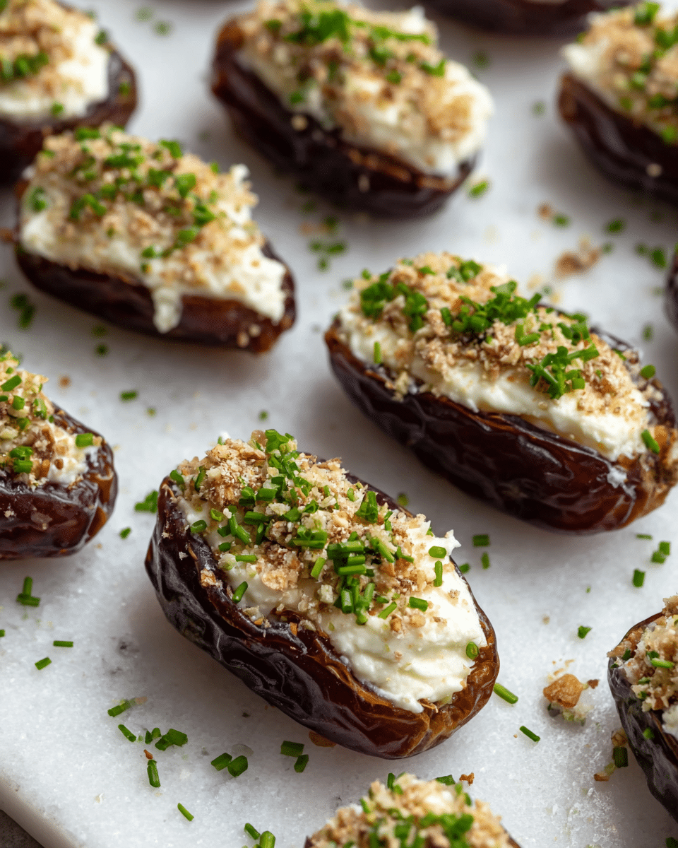 A close-up view showing several dates arranged on a white marbled surface, each pitted and split open horizontally to hold a layer of creamy white cheese filling. On top of the cheese layer, there is a sprinkling of crushed light brown nuts and small, bright green herb pieces, likely chives. The dark brown, wrinkled texture of the dates contrasts with the smooth, soft white cheese and the crunchy nuts, all sitting neatly to form small, bite-sized stuffed treats. Photo taken with an iphone --ar 4:5 --v 7
