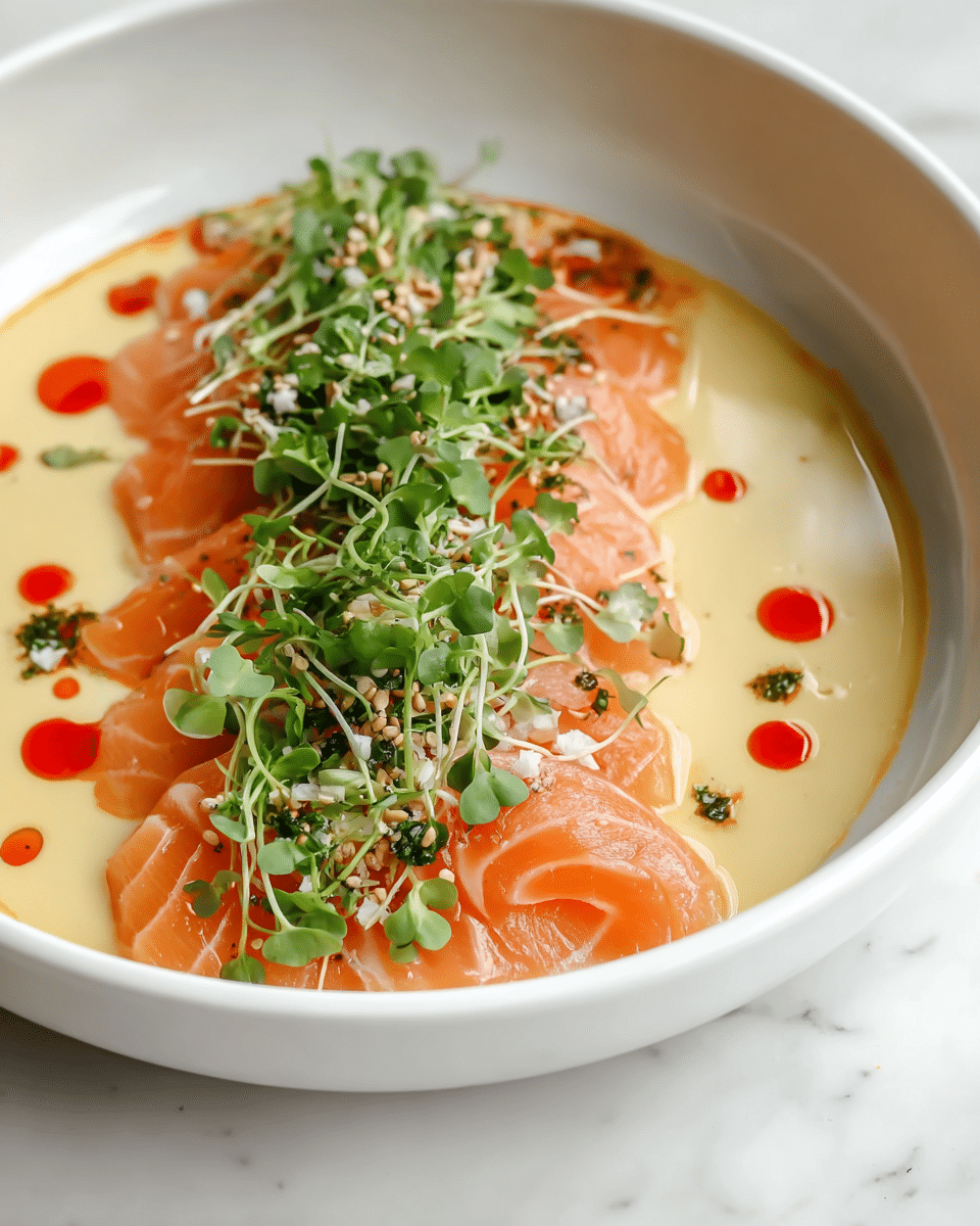 A white bowl holds a dish with two main layers of thinly sliced raw fish arranged in an overlapping row; the first layer is light pinkish-white, and the second layer is bright orange salmon with clear lines. The fish rests in a light creamy yellow sauce that covers the bowl's base, with red oil droplets scattered around the fish. On top, a generous layer of fresh green microgreens is sprinkled with small white crispy bits and some sesame seeds. The bowl is placed on a white marbled surface. photo taken with an iphone --ar 4:5 --v 7