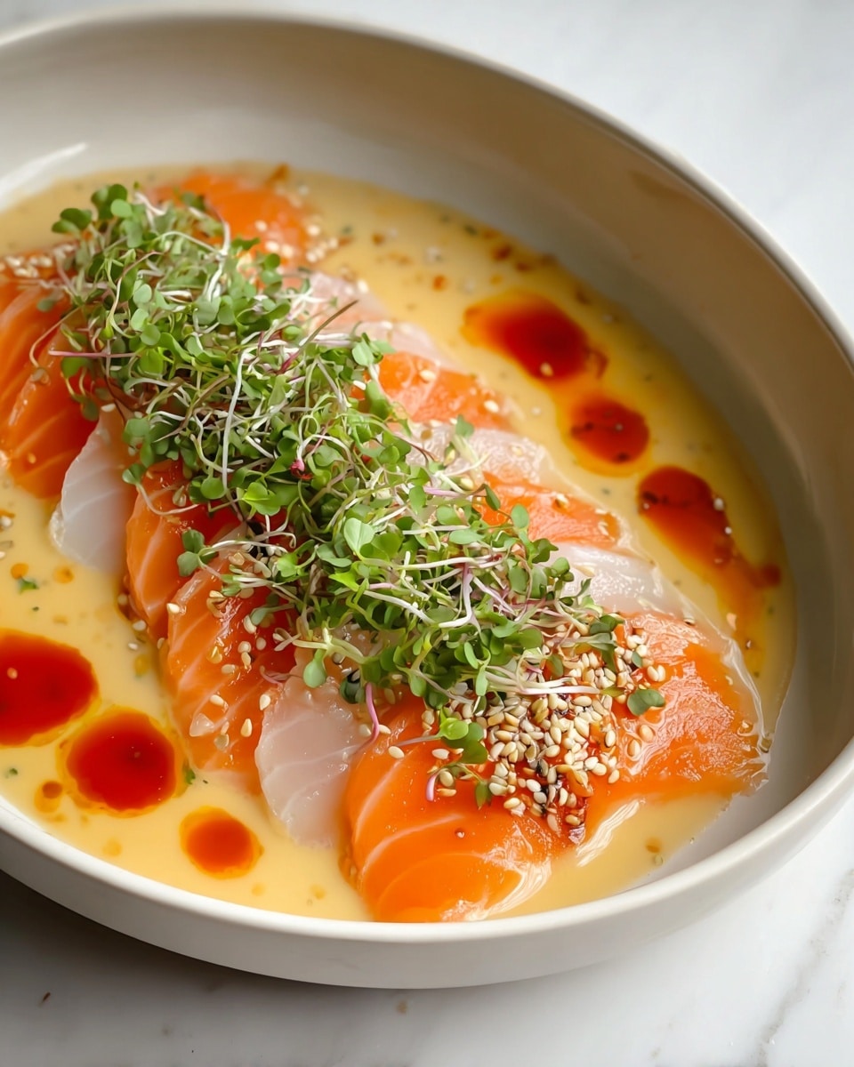 A white shallow bowl holds thin slices of raw fish arranged in two neat rows, alternating between bright orange salmon with soft white veins and translucent white fish. The fish rests on a pale, creamy yellow sauce that almost fills the bowl. There is a drizzle of deep red-orange oil scattered around the fish edges. On top of the fish is a layer of small, fresh green microgreens sprinkled lightly with tiny white puffed grains and sesame seeds, adding texture and a bright contrast. The dish is presented on a white marbled surface. photo taken with an iphone --ar 4:5 --v 7