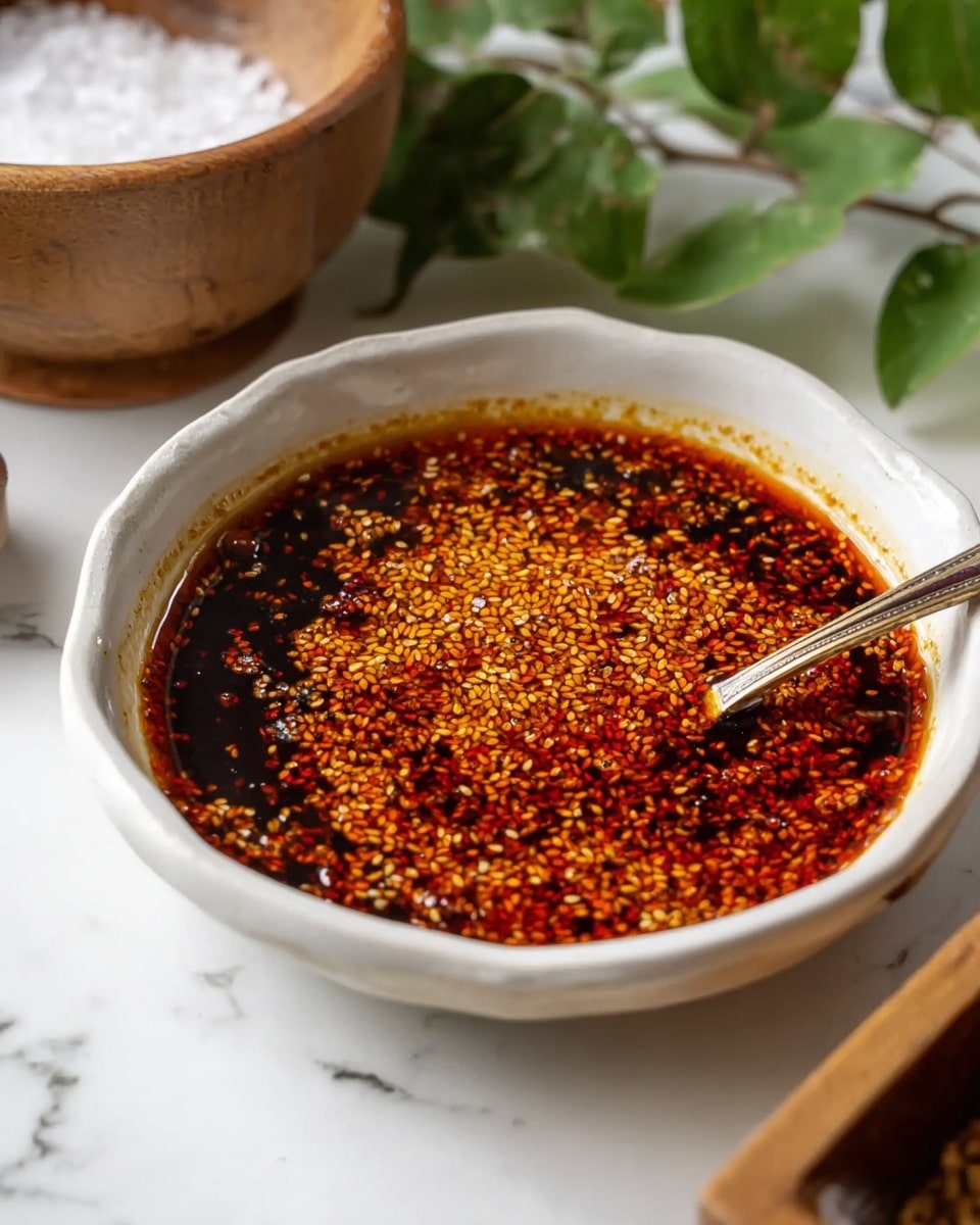 A shallow white bowl filled with a single layer of dark red chili oil, thick with many small, shiny golden sesame seeds spread evenly across the surface; a small spoon rests on the right side, partially dipped in the oil. The bowl is set on a white marbled surface with a wooden container filled with coarse salt and green leaves slightly blurred in the background. Photo taken with an iphone --ar 4:5 --v 7