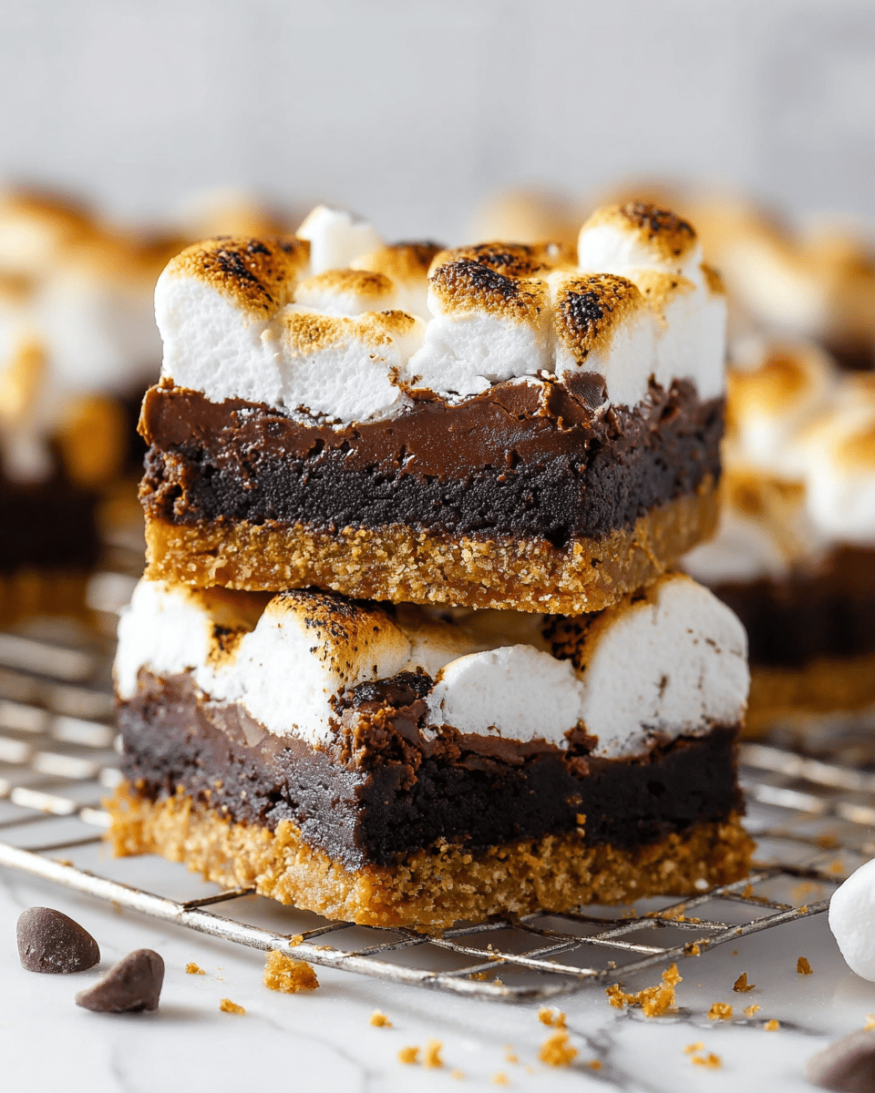 A close-up image shows two stacked dessert bars with three distinct layers: the bottom layer is a golden-brown crumbly crust, the middle layer is a thick, rich, dark chocolate brownie, and the top layer consists of fluffy, toasted marshmallows with golden-brown spots, creating a soft, cloud-like texture. The dessert bars rest on a wire rack, set against a white marbled texture, with some scattered crumbs and chocolate chips around. The focus is sharp on the front bar, highlighting the gooey and toasted details. photo taken with an iphone --ar 4:5 --v 7