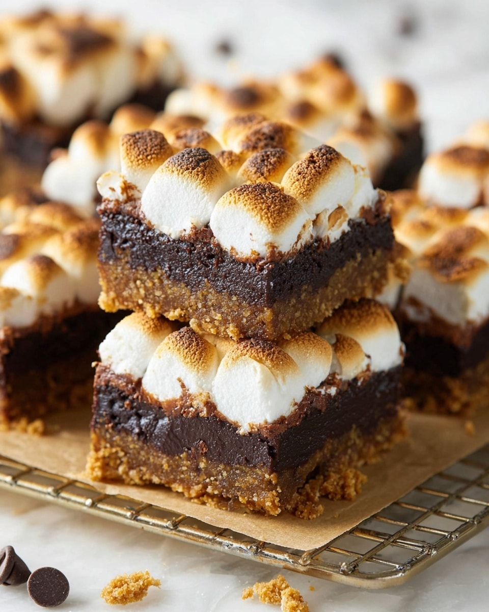 The image shows several square dessert bars stacked and laying on a metal rack over brown parchment paper. Each bar has three distinct layers: a bottom layer of crumbly light brown crust, a thick middle layer of dark, fudgy chocolate brownie, and a top layer of toasted marshmallows that are puffy and golden browned in spots. The bars are arranged close together, with a few chocolate chips and graham cracker crumbs scattered on the white marbled surface. The overall look is rich and textured, highlighting the contrast between the soft marshmallows and dense brownie. Photo taken with an iphone --ar 4:5 --v 7