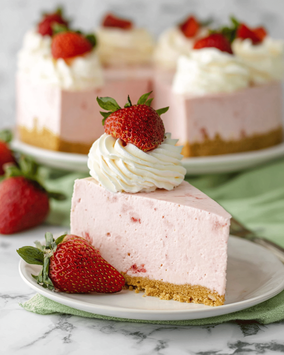 A slice of strawberry cheesecake is shown on a white plate with a crumbly, golden-brown crust base as the first layer. Above the crust is a thick, smooth, pale pink cheesecake layer speckled with tiny bits of strawberry. On top are two swirls of white whipped cream, each topped with a halved fresh strawberry showing its red flesh and green leaves. In the background, the full cheesecake is visible with similar whipped cream swirls and halved strawberries on top, sitting on a white marbled surface with a green cloth beneath the plate. Photo taken with an iphone --ar 4:5 --v 7