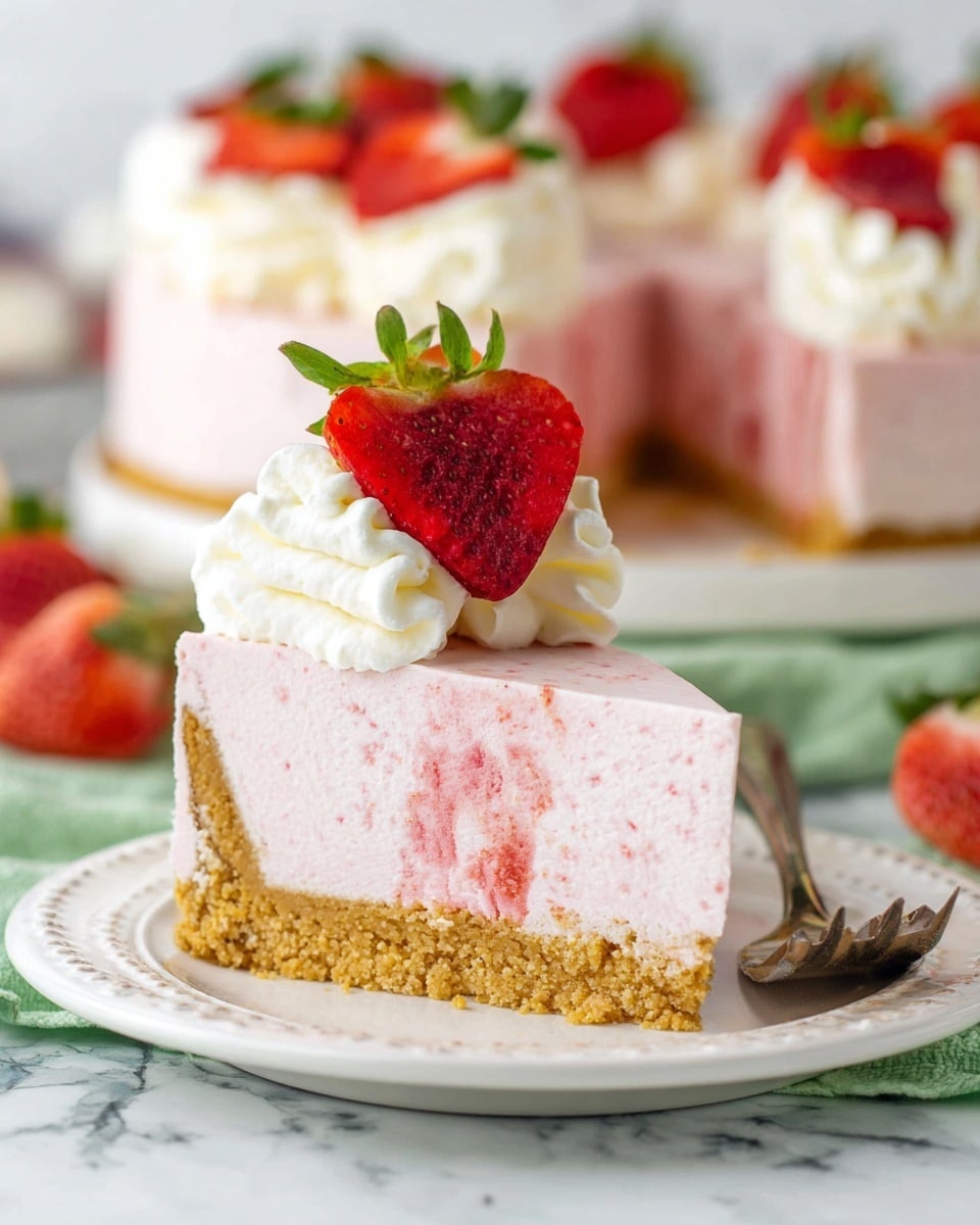 A slice of light pink strawberry cheesecake with three layers sits on a white plate with a detailed edge on a white marbled texture surface with a green cloth underneath. The bottom layer is a golden brown crumbly crust. The middle layer is thick, smooth, and creamy strawberry filling with tiny red specks. On top, there are two white swirls of whipped cream, each topped with half a bright red strawberry showing its fresh green leaves. Behind the slice, the rest of the cheesecake is visible, decorated with whipped cream swirls and sliced strawberries. A silver fork with a small bite of cheesecake rests to the right of the slice. Photo taken with an iphone --ar 4:5 --v 7