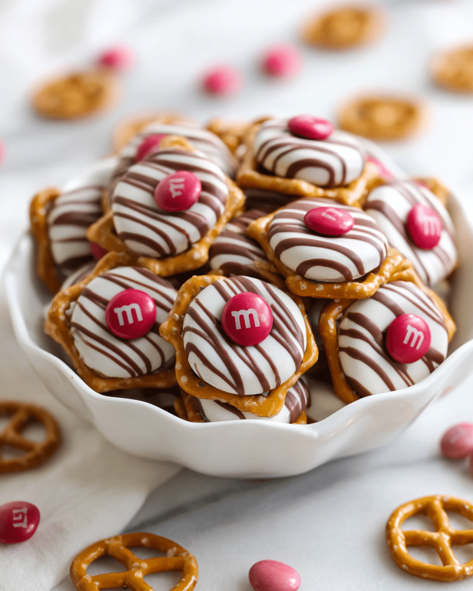 This image shows a white scalloped bowl filled with small snacks, each having three layers: a square, golden-brown pretzel base, a round white and brown striped chocolate piece in the middle with a smooth texture, topped with a single red or pink candy coated chocolate with the
