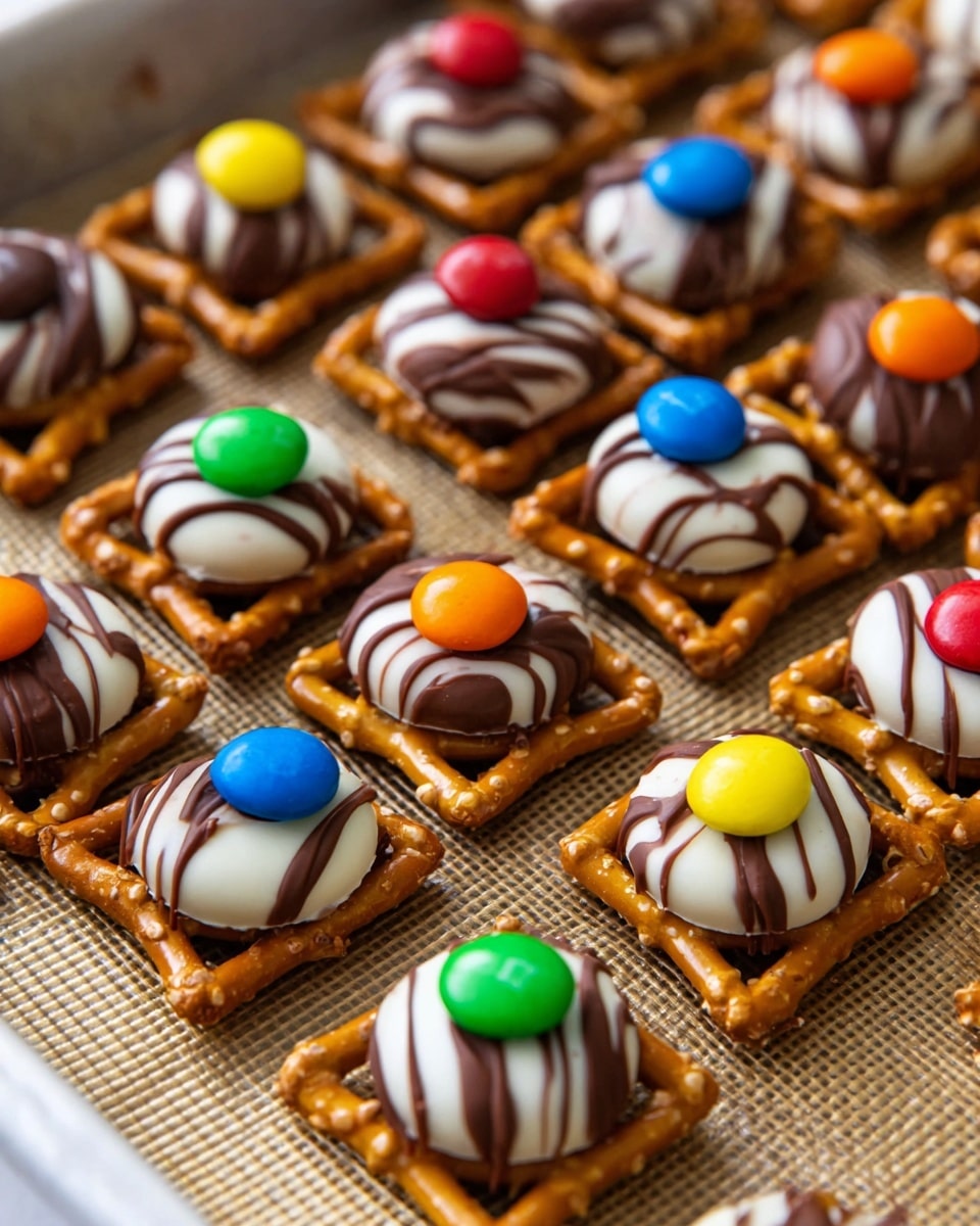 A close-up view of many small square pretzels forming the base layer, each topped with a round, swirled white and brown striped chocolate piece positioned in the center. On top of each chocolate piece sits a single colorful candy, including bright blue, green, red, yellow, and orange, adding vibrant pops of color. The pretzels and chocolates create a neat layered look, all placed on a light brown textured baking mat with a white marbled surface slightly visible at the edges. The lighting highlights the glossy texture of the candy and chocolate, making the colors stand out. photo taken with an iphone --ar 4:5 --v 7
