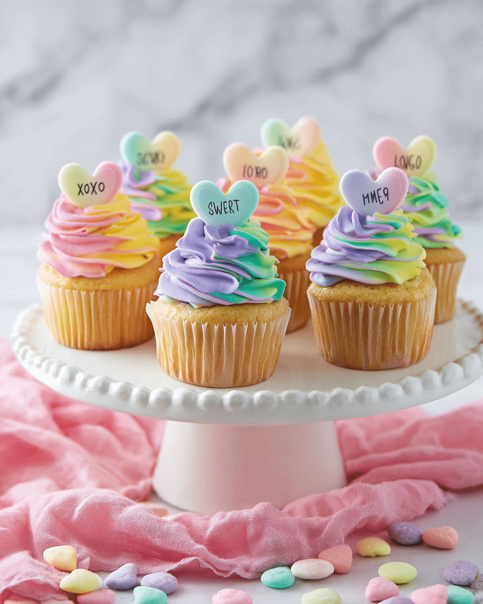 A group of six cupcakes with light golden bases and brightly colored swirled frosting sits on a white cake stand with a ruffled edge. Each cupcake has three thick layers of frosting, blending pastel shades of pink, yellow, green, purple, and blue in smooth, curly peaks. On top of each swirl, there is a pastel heart-shaped candy with small printed words like
