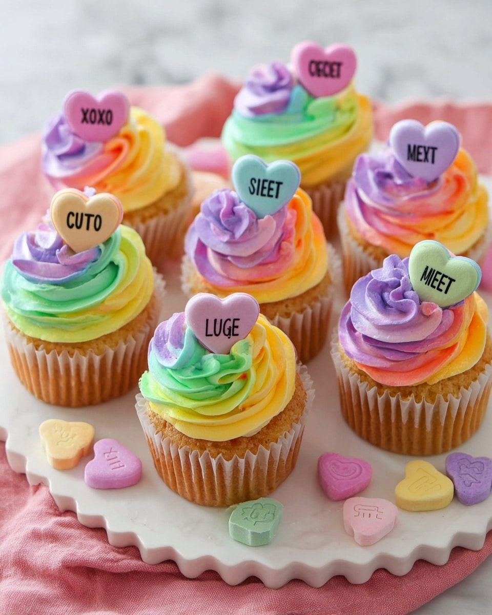 A set of eight cupcakes on a white scalloped plate over a white marbled surface with a pink cloth underneath. Each cupcake has a golden brown base and is topped with a swirl of multicolor frosting in layers of purple, green, yellow, orange, and pink, mixed smoothly in a soft, creamy texture. On top of each frosting swirl sits a small pastel heart-shaped candy with words like