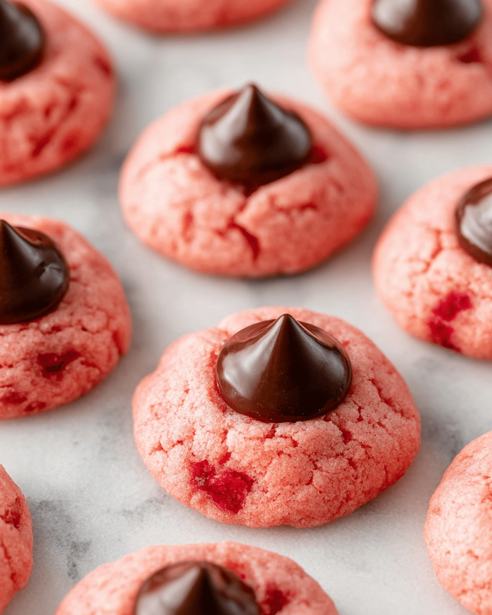 The image shows several small, round cookies with a soft, slightly uneven pink base mixed with bits of red, giving a fruity and textured look. Each cookie has one dark brown, glossy chocolate kiss gently placed at the center on top. They are laid out on a flat white marbled surface with a close-up focus that highlights the smooth and slightly cracked texture of the cookies. The lighting is soft, showing the contrast between the pink and the chocolate clearly. Photo taken with an iphone --ar 4:5 --v 7