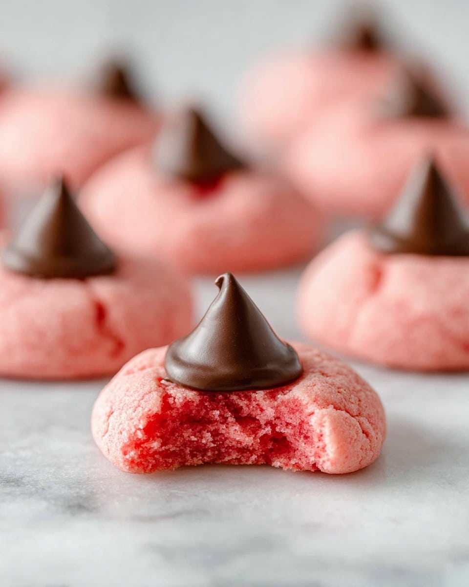 The image shows several pink round cookies each with a smooth, dark brown, cone-shaped chocolate piece placed in the center on top. One cookie in the front is broken in half showing its soft, crumbly texture inside, with the chocolate cone still intact standing upright in the middle. The cookies are arranged in a line that goes from the front to the blurred background, all placed on a white marbled surface. The contrast between the bright pink cookie and the chocolate center makes the cookies visually striking. photo taken with an iphone --ar 4:5 --v 7