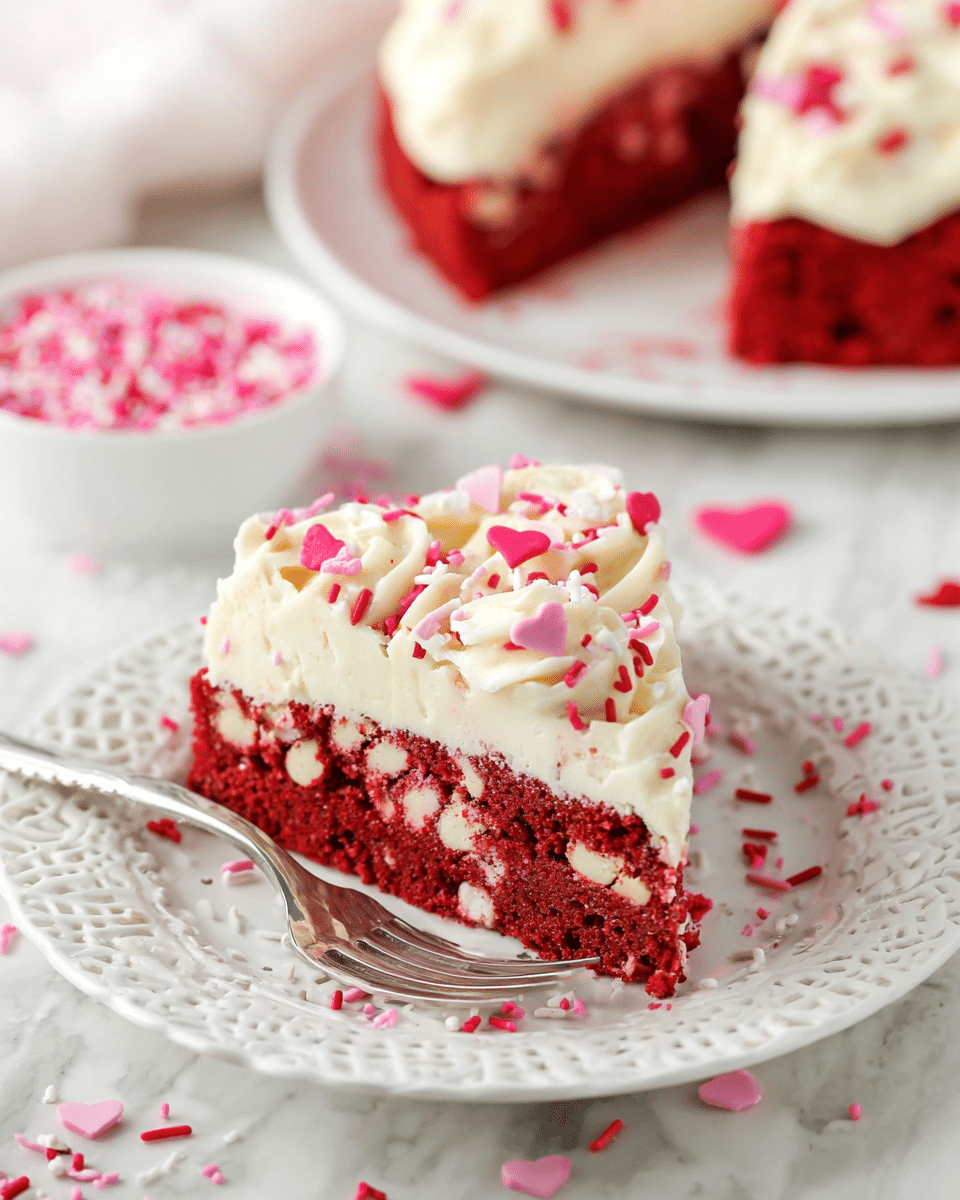 A single slice of red cake with white chocolate chips scattered throughout forms the bottom layer, topped with a thick swirl of creamy white frosting along one edge, sprinkled with small pink, red, and white heart-shaped and stick sprinkles. The cake slice sits on a white decorative plate with a silver fork beside it. In the background, a white bowl filled with pink and red sprinkles and a larger red cake on a white plate are slightly out of focus, all set on a white marbled surface with some scattered sprinkles. photo taken with an iphone --ar 4:5 --v 7