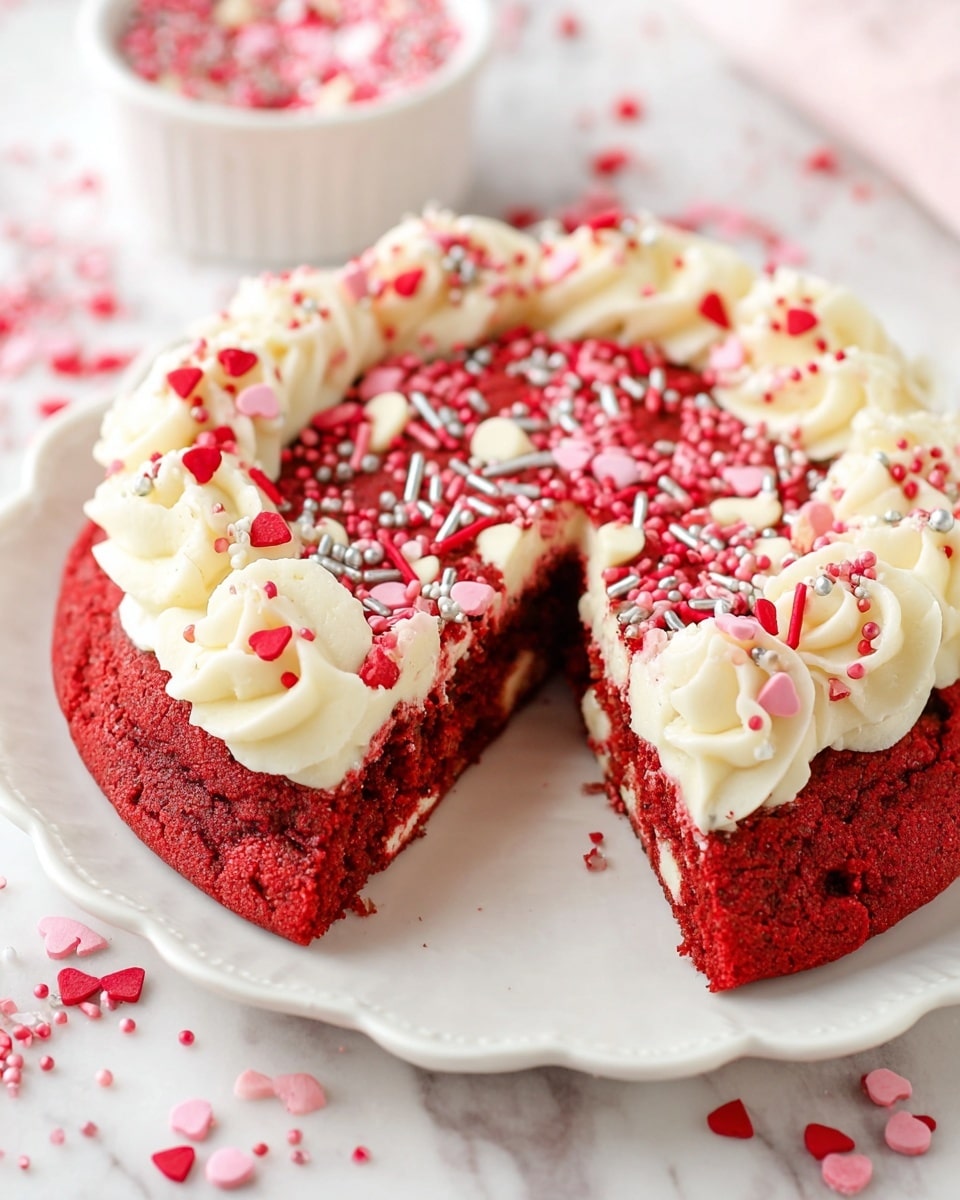 A red velvet cookie with white chocolate chips scattered throughout the thick, red base layer sits on a white, scalloped plate. The cookie is cut with one slice slightly pulled out, showing the soft, dense texture inside with embedded white chocolate chips. Around the cookie's edge is a thick, creamy white frosting piped in swirls, topped with pink, red, and silver sprinkles including small hearts and rods. The plate is placed on a white marbled surface with scattered pink and red sprinkles adding a festive touch. In the background, a white bowl filled with pink and white sprinkles is slightly out of focus. photo taken with an iphone --ar 4:5 --v 7