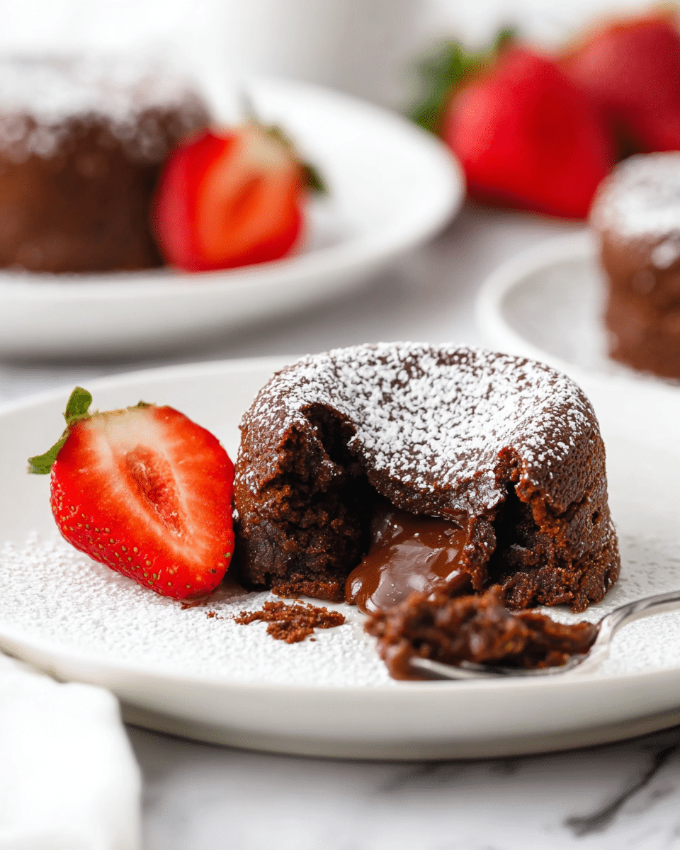 A round chocolate lava cake with a cracked top dusted with white powdered sugar sits on a white plate. The cake has a rich, dark brown outer layer with a gooey, molten chocolate center oozing out from a slice taken out of it. Beside the cake is a bright red sliced strawberry with green leaves, adding a fresh pop of color. In the blurry background, another plate holds a similar chocolate lava cake and some strawberries, all set on a white marbled surface. photo taken with an iphone --ar 4:5 --v 7