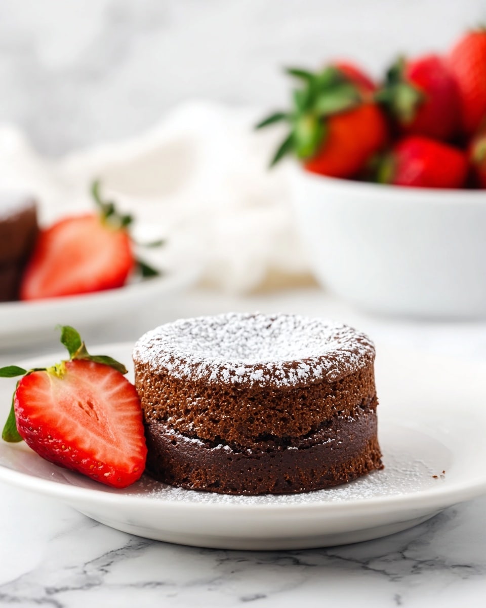 A small, round chocolate cake with two visible layers, a denser bottom layer and a lighter textured top layer, sits in the center of a white plate. The cake is dusted with a light layer of powdered sugar. To the left of the cake, there is a partially sliced bright red strawberry with green leaves. In the blurred background to the right, a white bowl is filled with whole strawberries, adding a pop of red color. The whole scene is set against a white marbled texture. Photo taken with an iphone --ar 4:5 --v 7