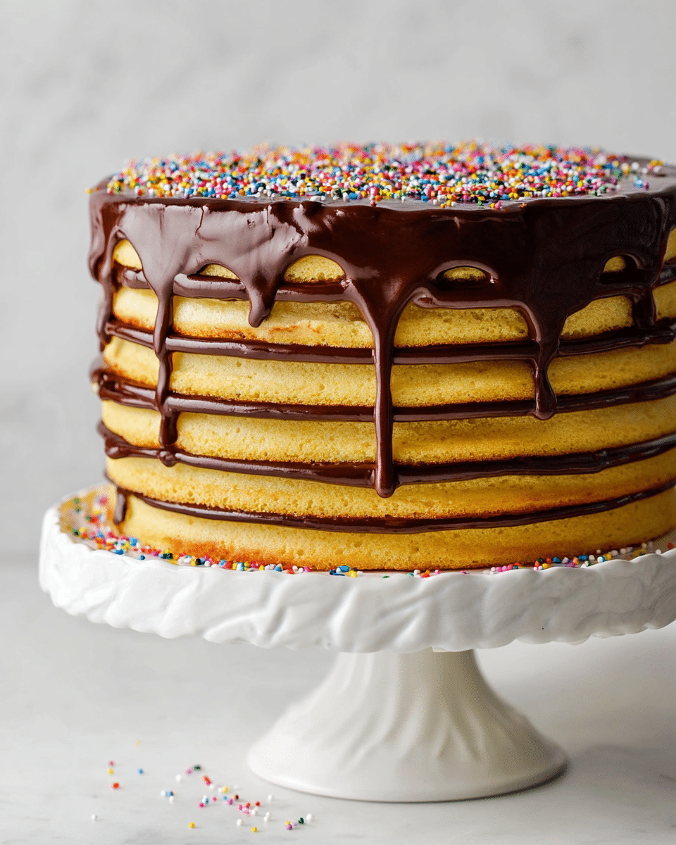 A tall cake with eight golden yellow layers stacked evenly, each separated by thin dark chocolate frosting layers. The top is covered with a thick, glossy dark chocolate glaze that drips down the sides in smooth streams. Colorful small round sprinkles scatter across the shiny chocolate top and a few have fallen onto the white wavy-edged cake stand it sits on. The background is a clean white marbled texture. photo taken with an iphone --ar 4:5 --v 7