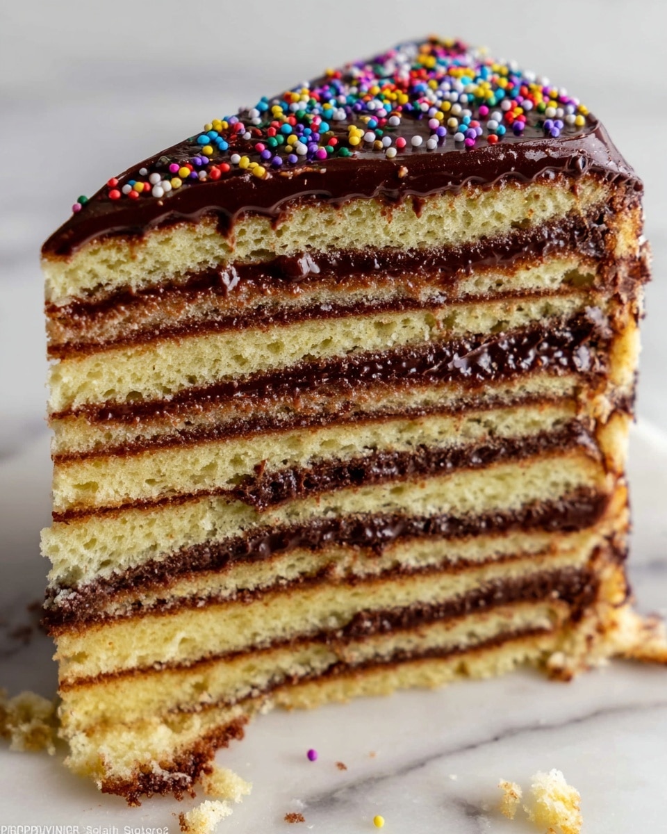A close-up view of a tall cake slice with seven visible layers of light yellow sponge separated by thin, rich dark chocolate frosting layers. The top of the cake is covered with a smooth, glossy chocolate glaze sprinkled with small, colorful round sprinkles in shades of red, yellow, blue, green, purple, and white. Some crumbs and a few sprinkles are scattered on the white marbled surface beneath the cake, showing texture and detail. The cake looks moist and the chocolate frosting is slightly melted, creating a shiny and gooey look. Photo taken with an iphone --ar 4:5 --v 7