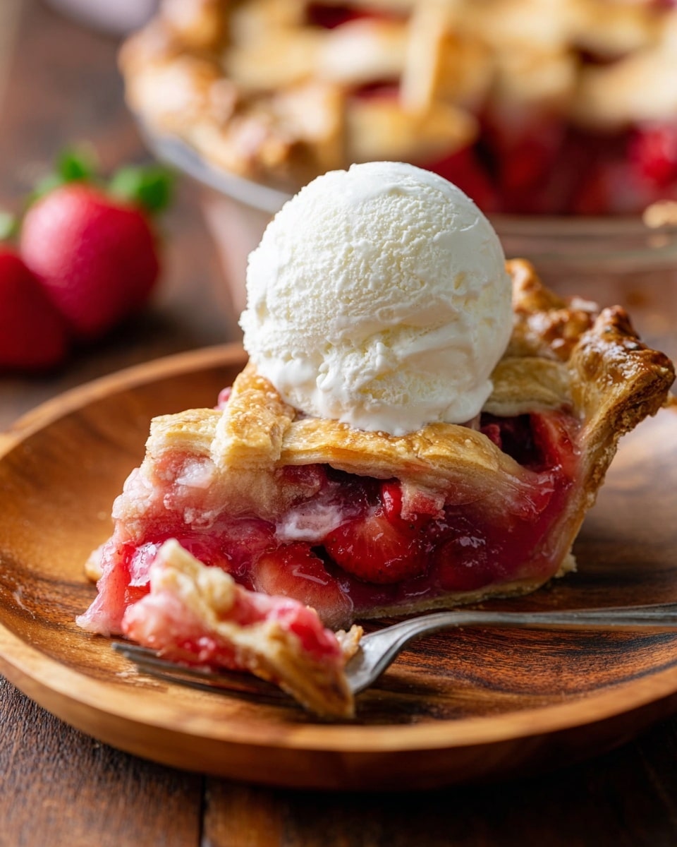 A single slice of fruit pie with a golden brown lattice crust sits on a round wooden plate, showing a thick layer of red and pink fruit filling beneath the crust. On top of the pie slice, a generous scoop of creamy white ice cream is melting slightly, adding smooth texture. A silver fork rests beside the slice on the plate, holding a small piece of the pie with visible fruit filling. The surface underneath has a warm wooden texture with soft focus on the background showing more pie and a few red strawberries. photo taken with an iphone --ar 4:5 --v 7