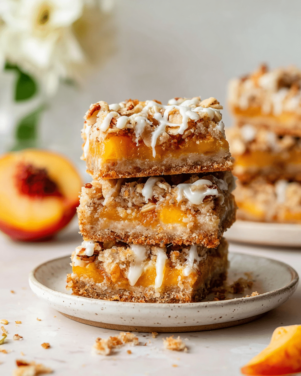 The image shows three stacked fruit crumble bars on a white plate, placed on a white marbled surface. Each bar has three visible layers: the bottom layer is a light brown crumbly crust, the middle layer is a bright orange fruit filling with a juicy texture, and the top layer is a crumbly mix with chunks of nuts and oats, lightly drizzled with white icing. Small crumbs and bits of fruit surround the plate, with one piece falling off the stack. In the blurred background, there is a peach half, a white flower, and another stack of bars. The photo taken with an iphone --ar 4:5 --v 7
