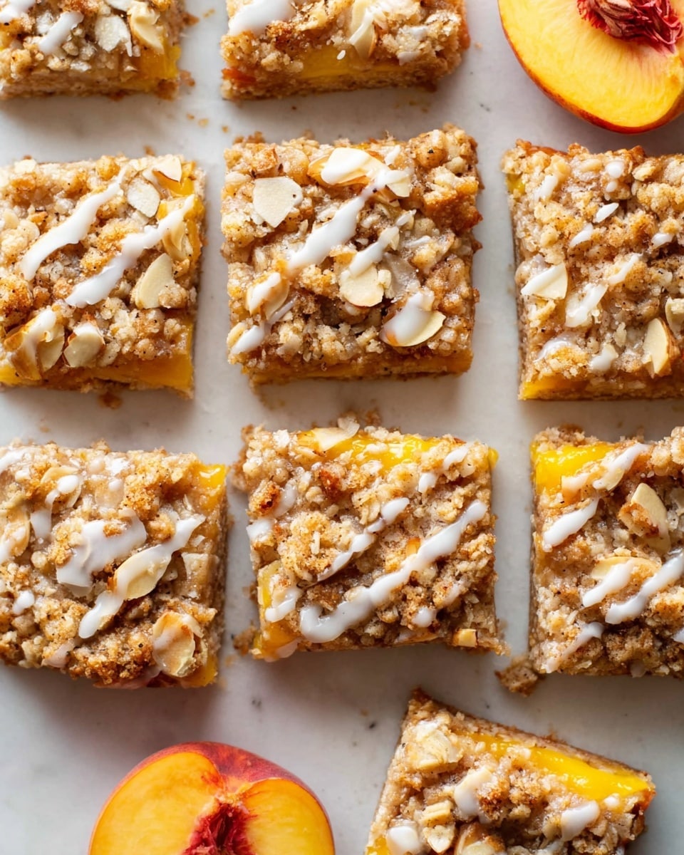 The image shows nine square pieces of peach crumble bars arranged closely on a white marbled surface. Each bar has three visible layers: the bottom layer is a light golden crust, the middle layer is a bright yellow-orange peach filling that peeks through, and the top layer is a crumbly brown streusel mixed with sliced almonds. A white glaze with visible specks is drizzled over the top of all the bars in thin, uneven lines. Two peach halves, with orange and red skin and juicy yellow flesh, are partly visible at the top right and bottom left corners of the image. photo taken with an iphone --ar 4:5 --v 7